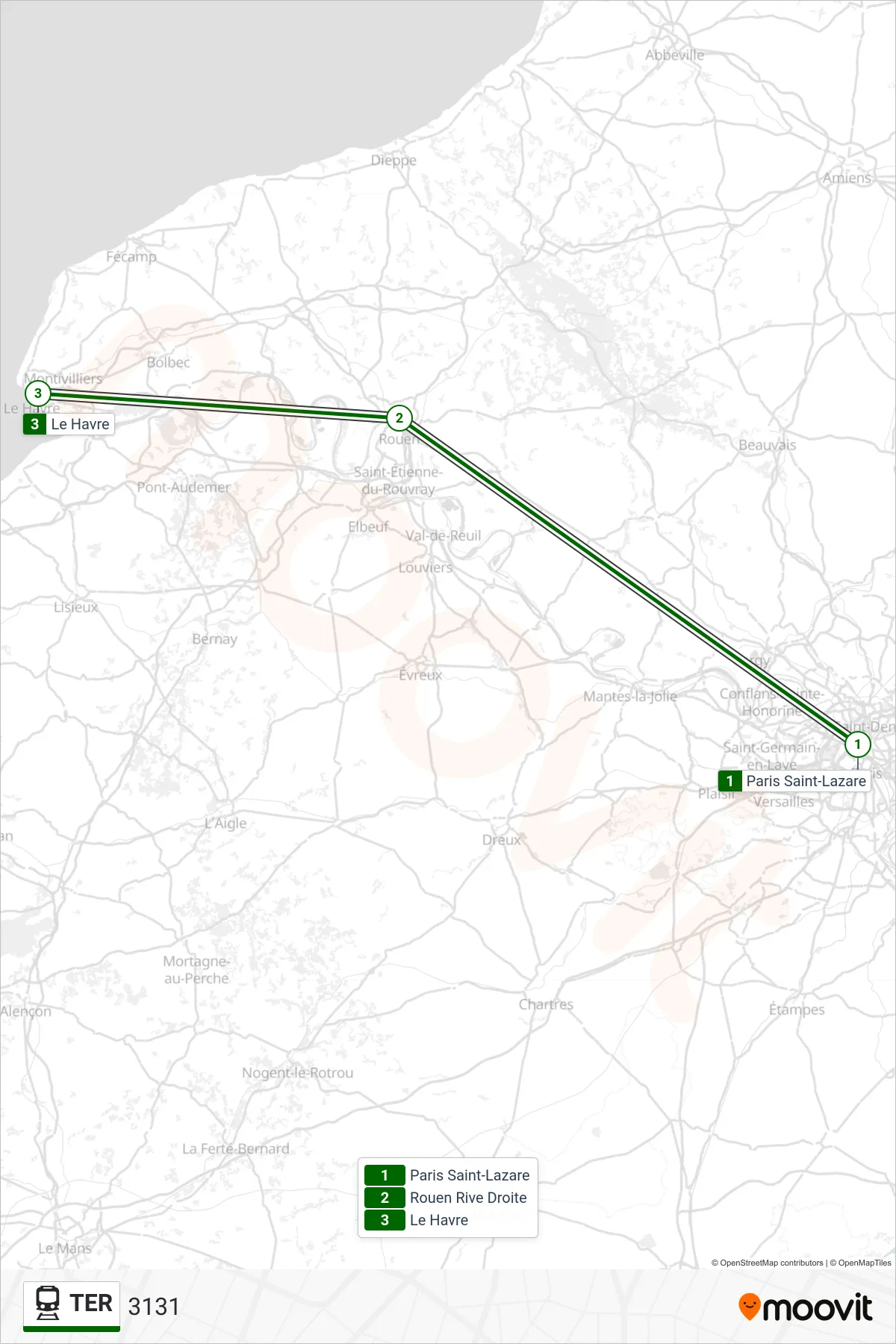 Tracé et arrêts de la ligne TER de train (3131) sur une carte