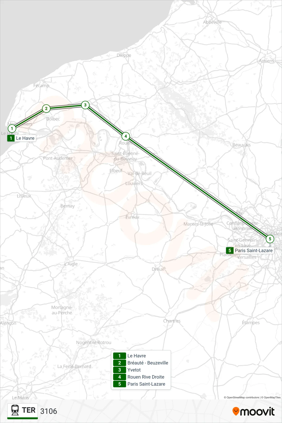 Recorrido y paradas de la línea TER de tren (3106) en el mapa