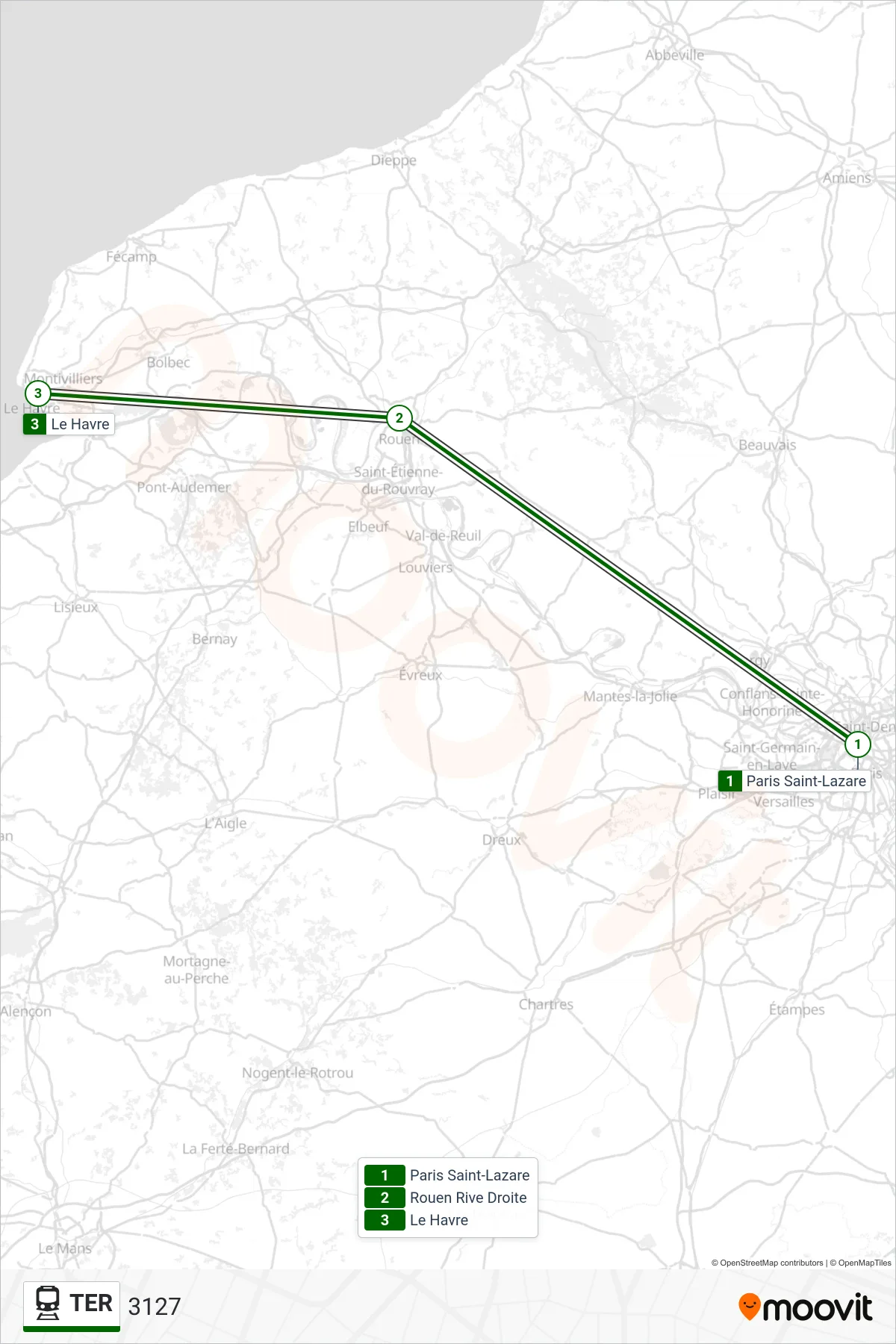 Tracé et arrêts de la ligne TER de train (3127) sur une carte