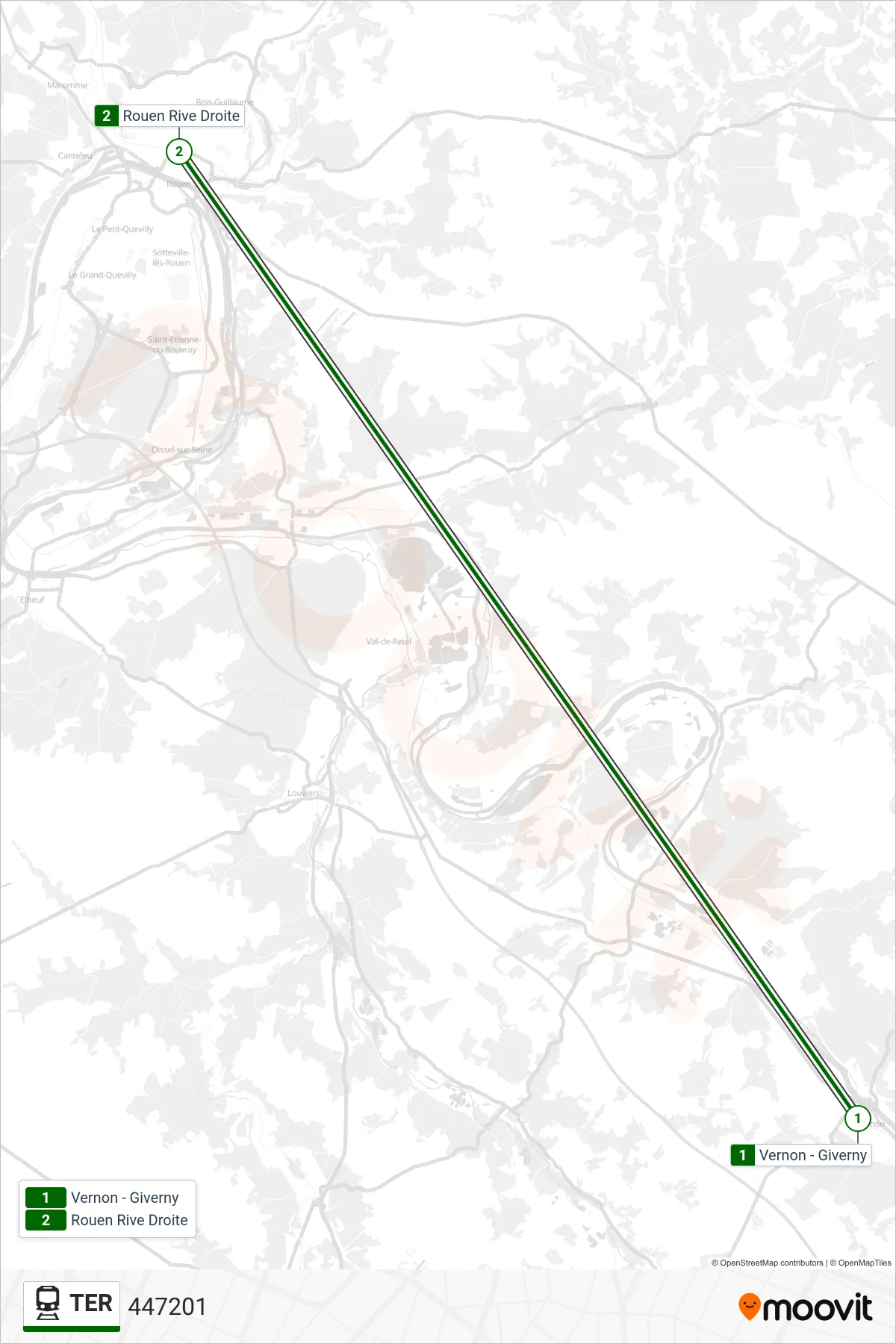 Tracé et arrêts de la ligne TER de train (447201) sur une carte