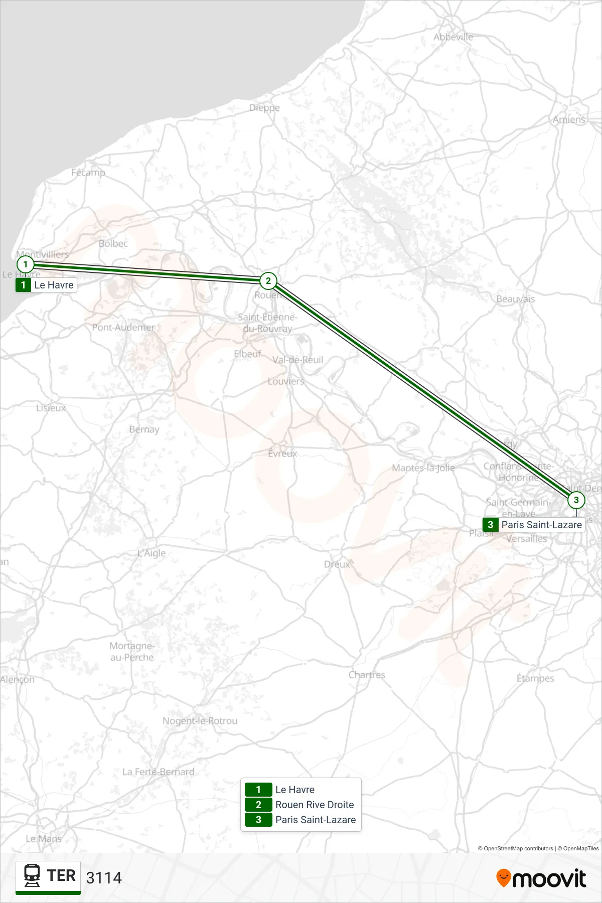 Recorrido y paradas de la línea TER de tren (3114) en el mapa