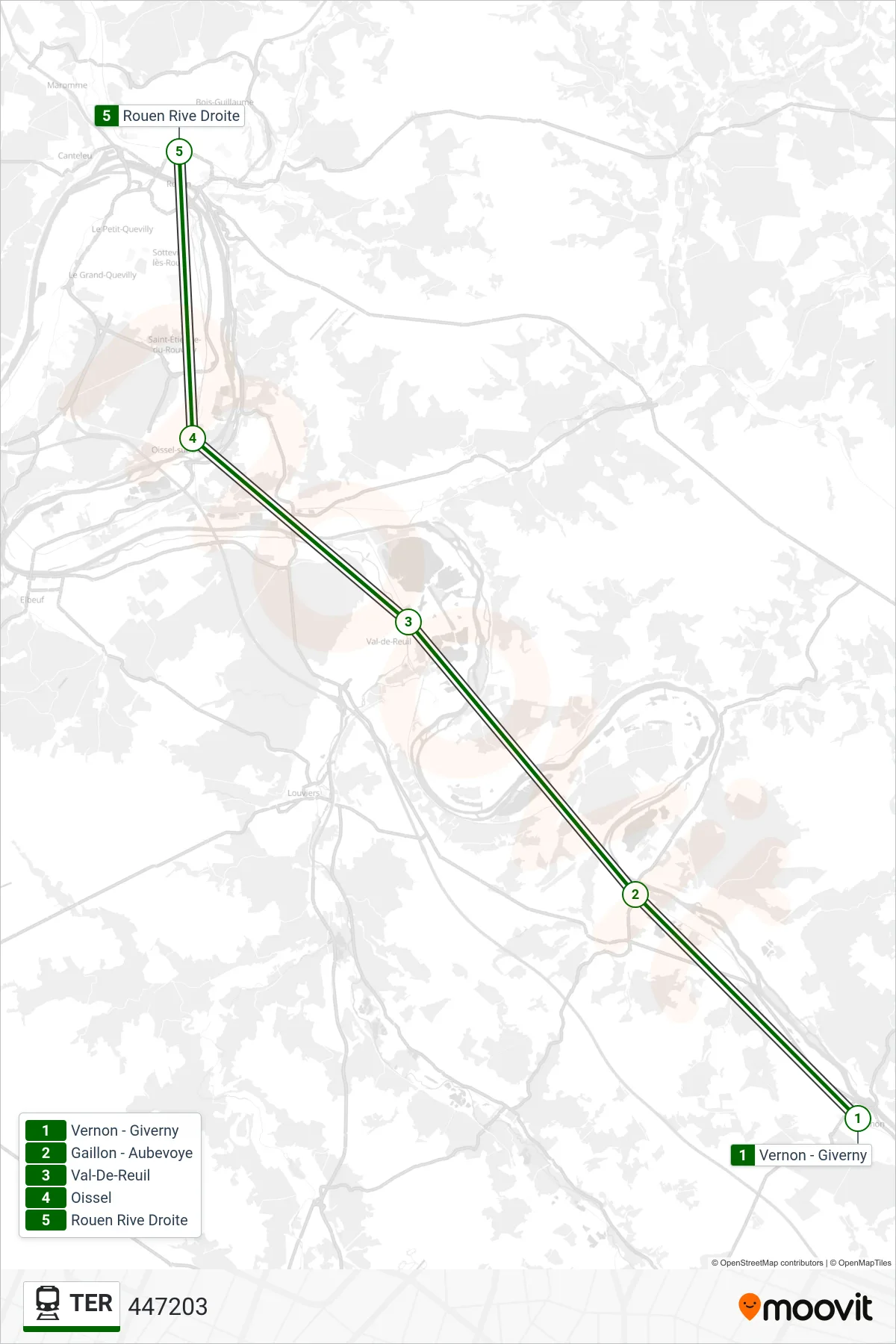 Tracé et arrêts de la ligne TER de train (447203) sur une carte