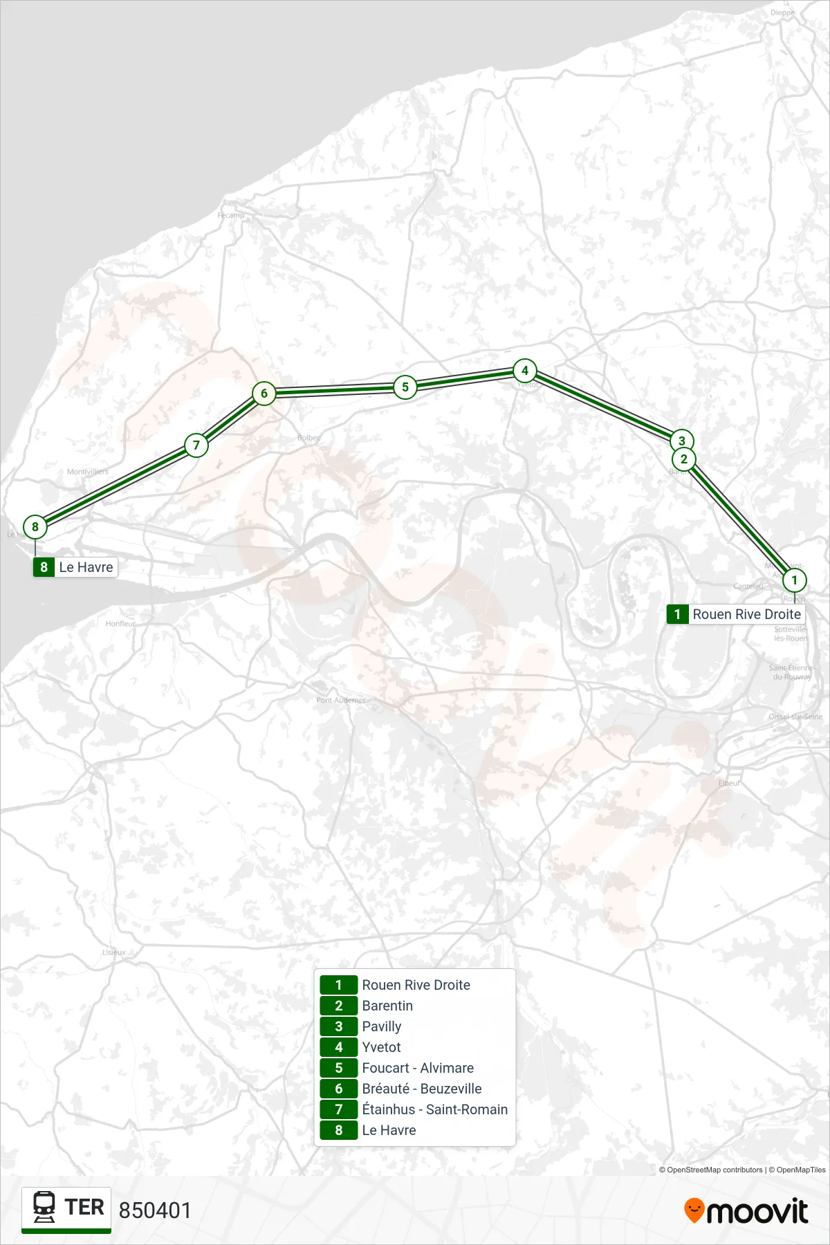 TER rail Line (850401) route and stops on a map