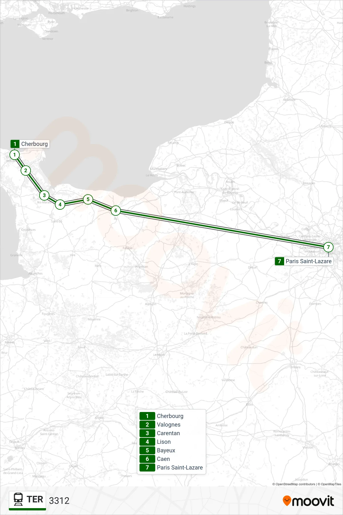 TER train Line (3312) route and stops on a map