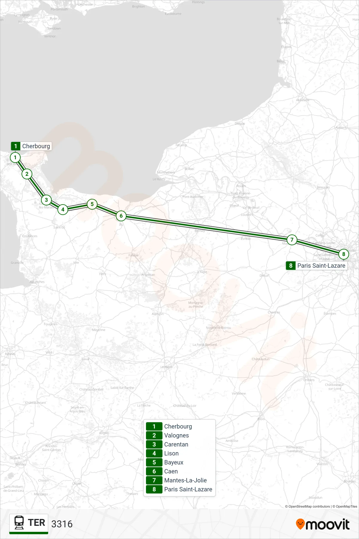 TER train Line (3316) route and stops on a map