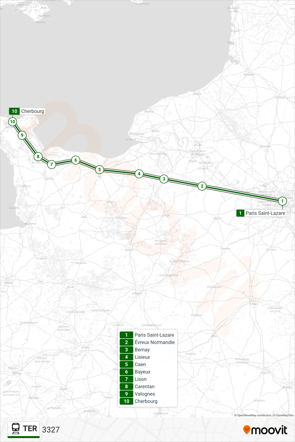 TER train Line (3327) route and stops on a map