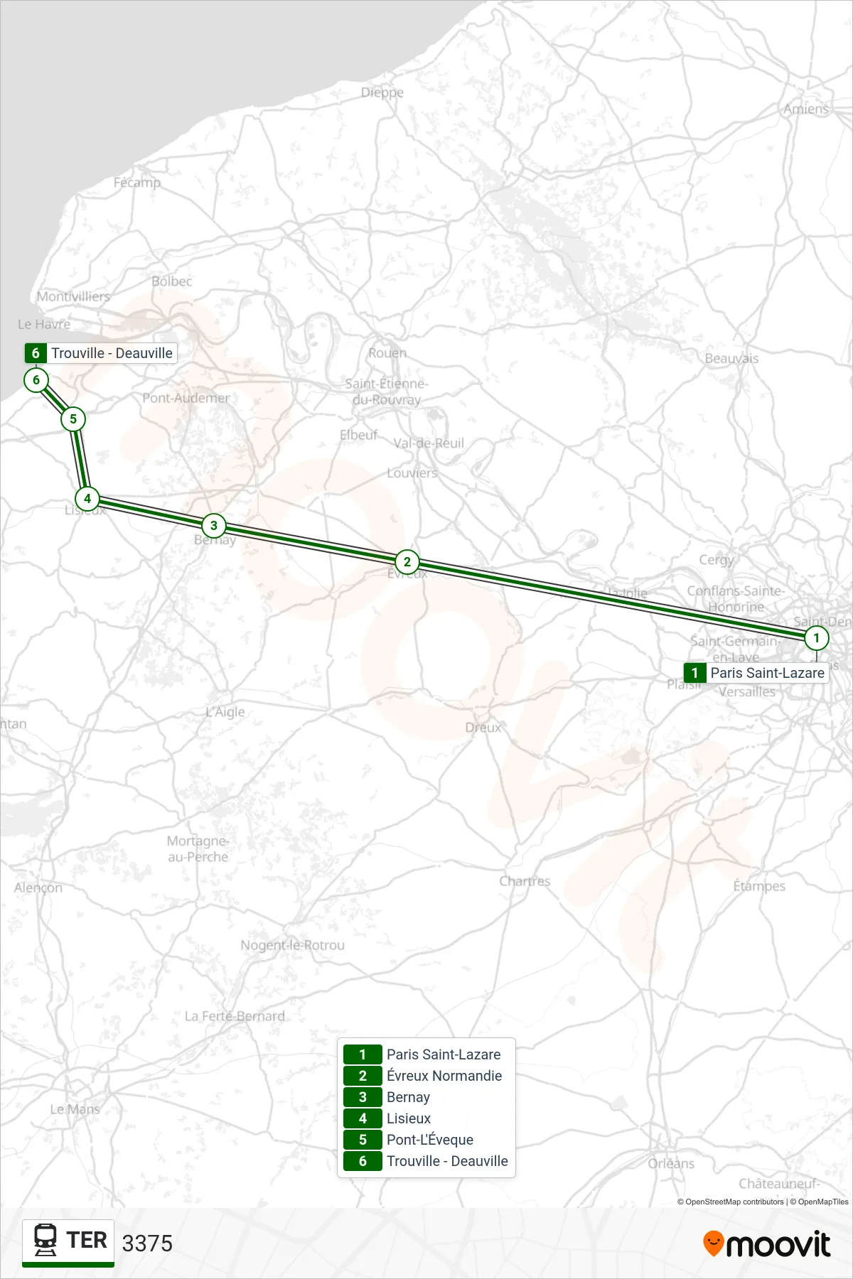 Tracé et arrêts de la ligne TER de train (3375) sur une carte