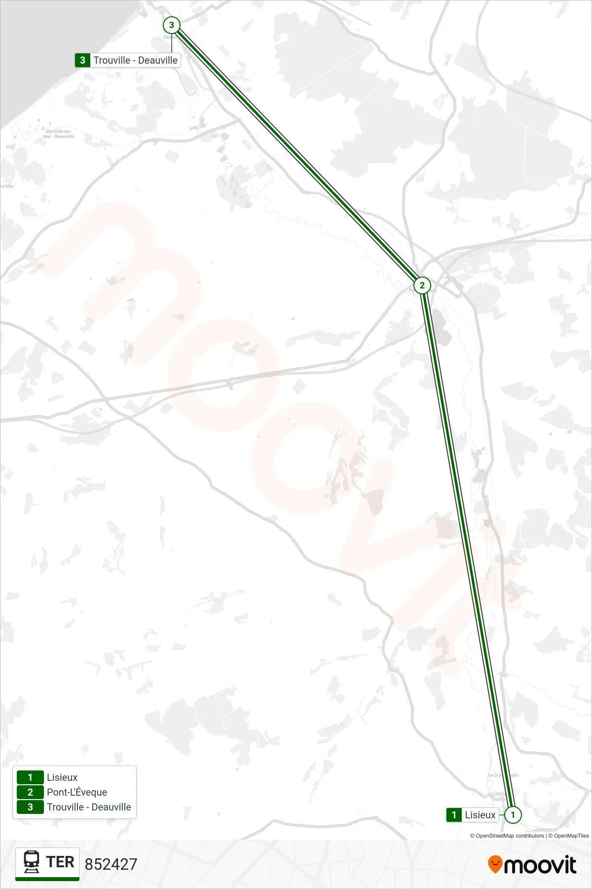Tracé et arrêts de la ligne TER de train (852427) sur une carte