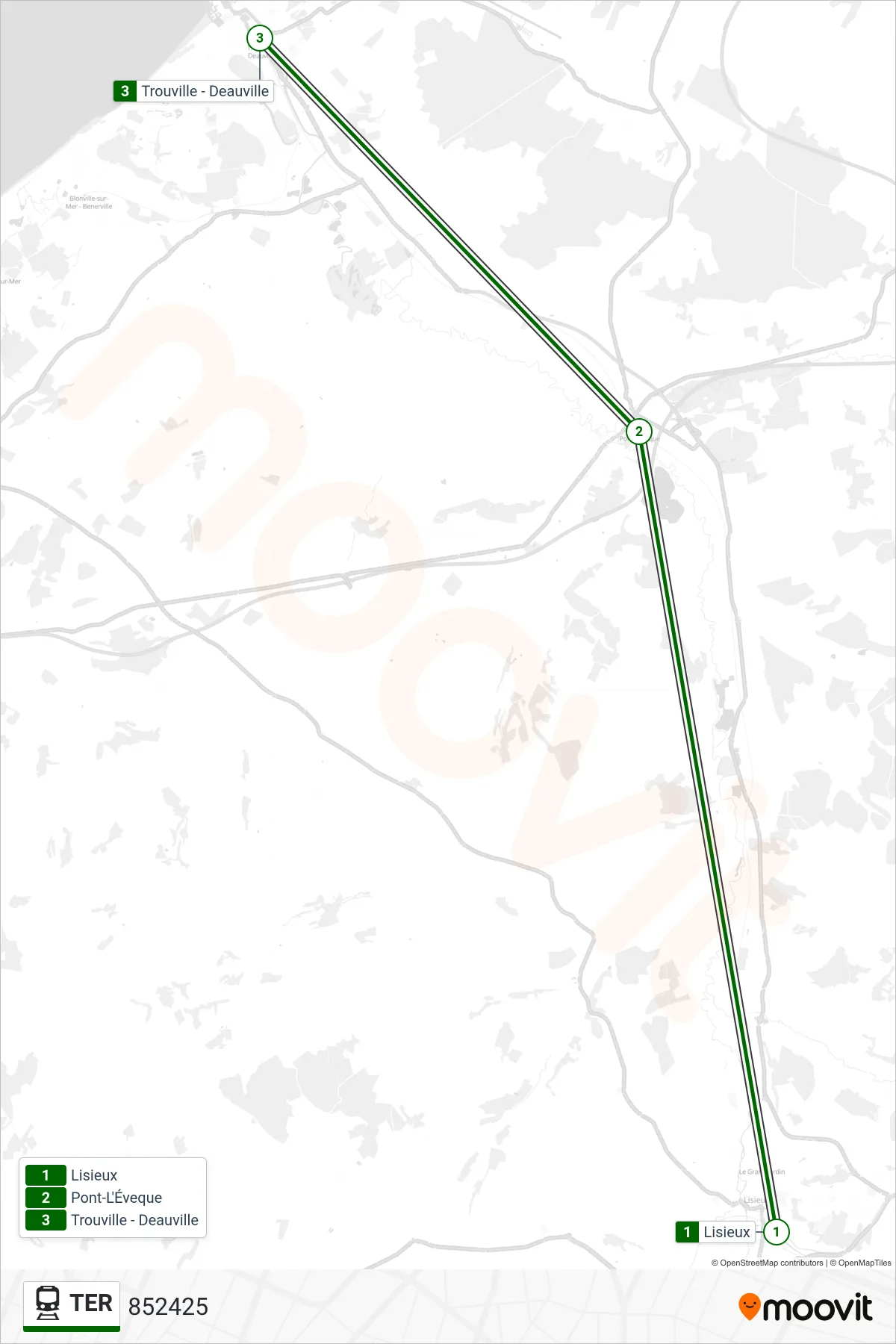 Tracé et arrêts de la ligne TER de train (852425) sur une carte