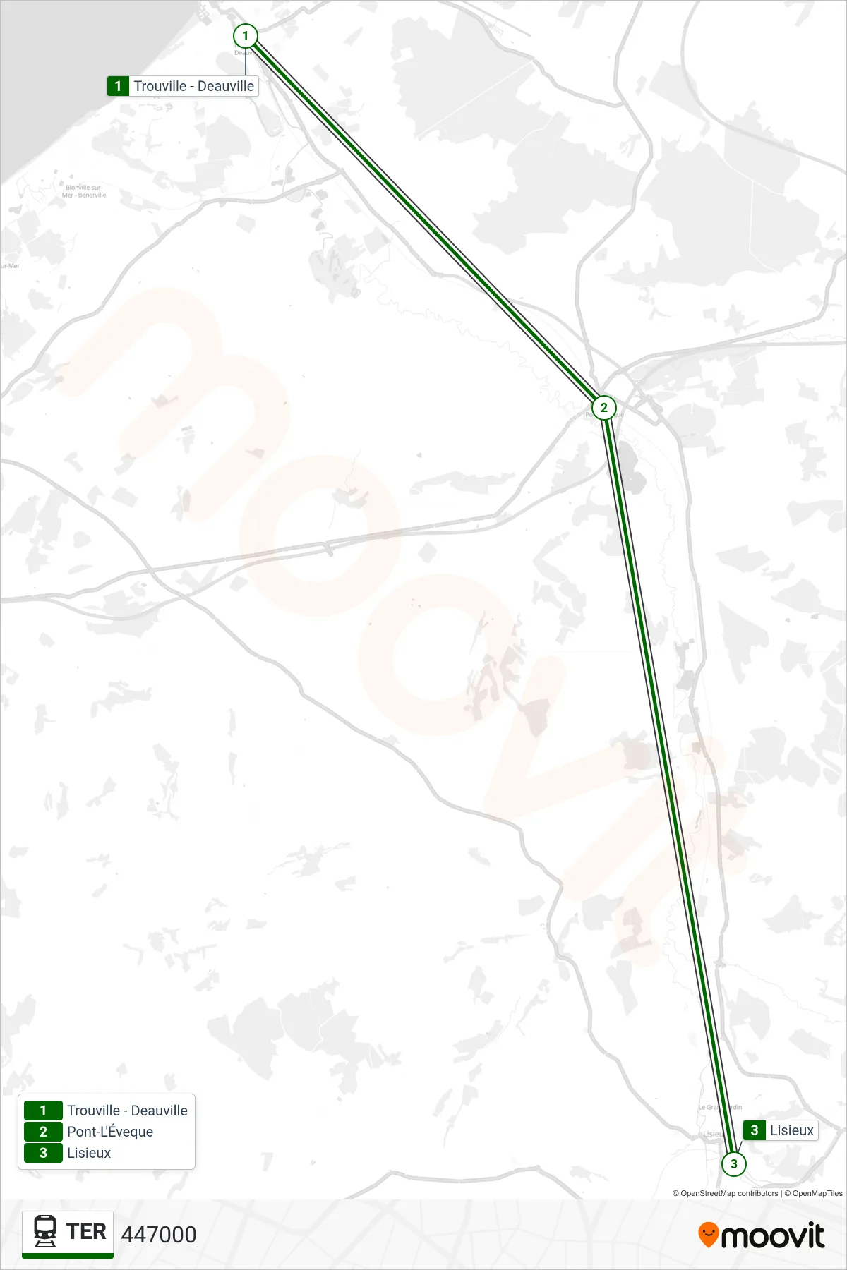 Tracé et arrêts de la ligne TER de train (447000) sur une carte
