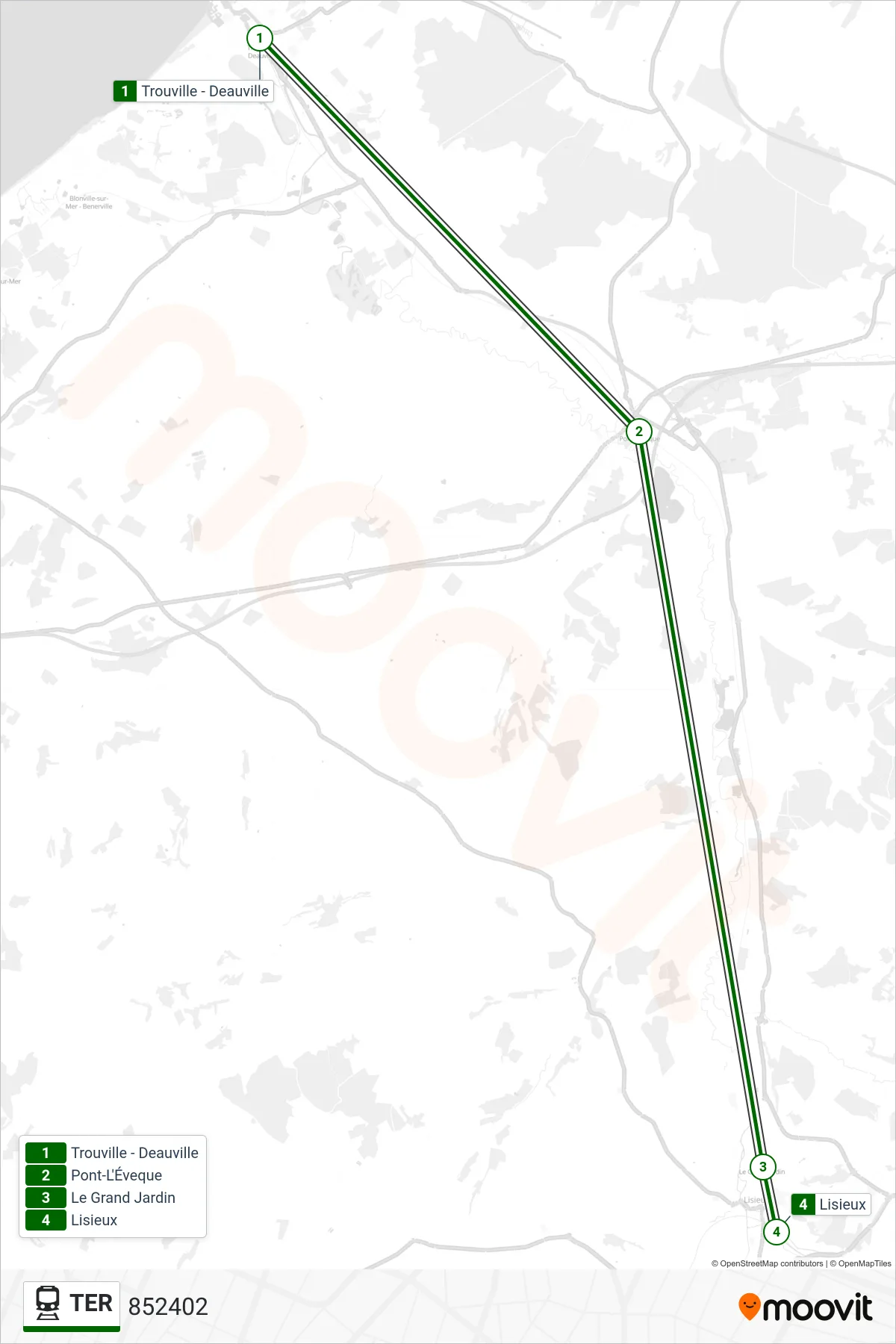 Tracé et arrêts de la ligne TER de train (852402) sur une carte