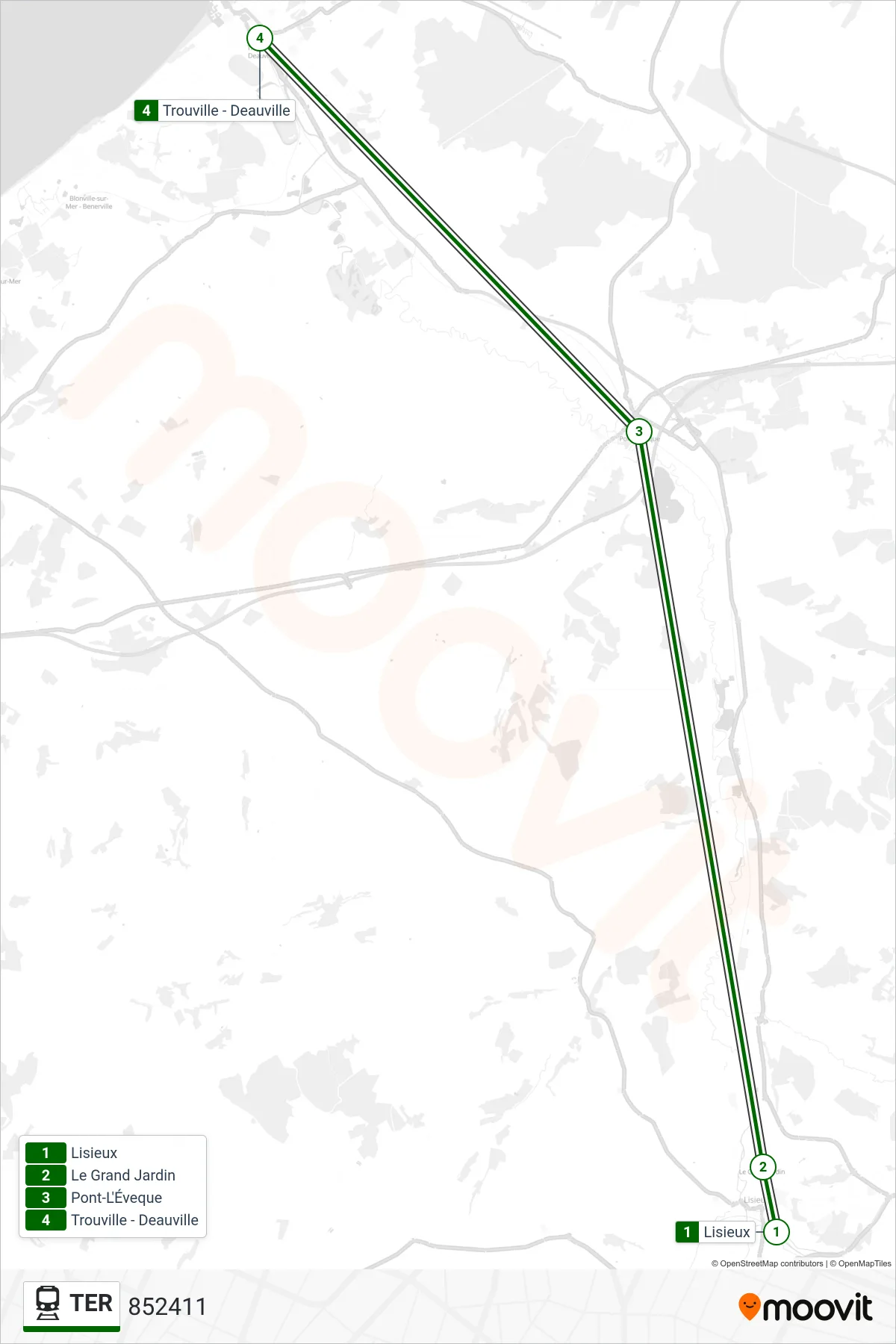 Tracé et arrêts de la ligne TER de train (852411) sur une carte