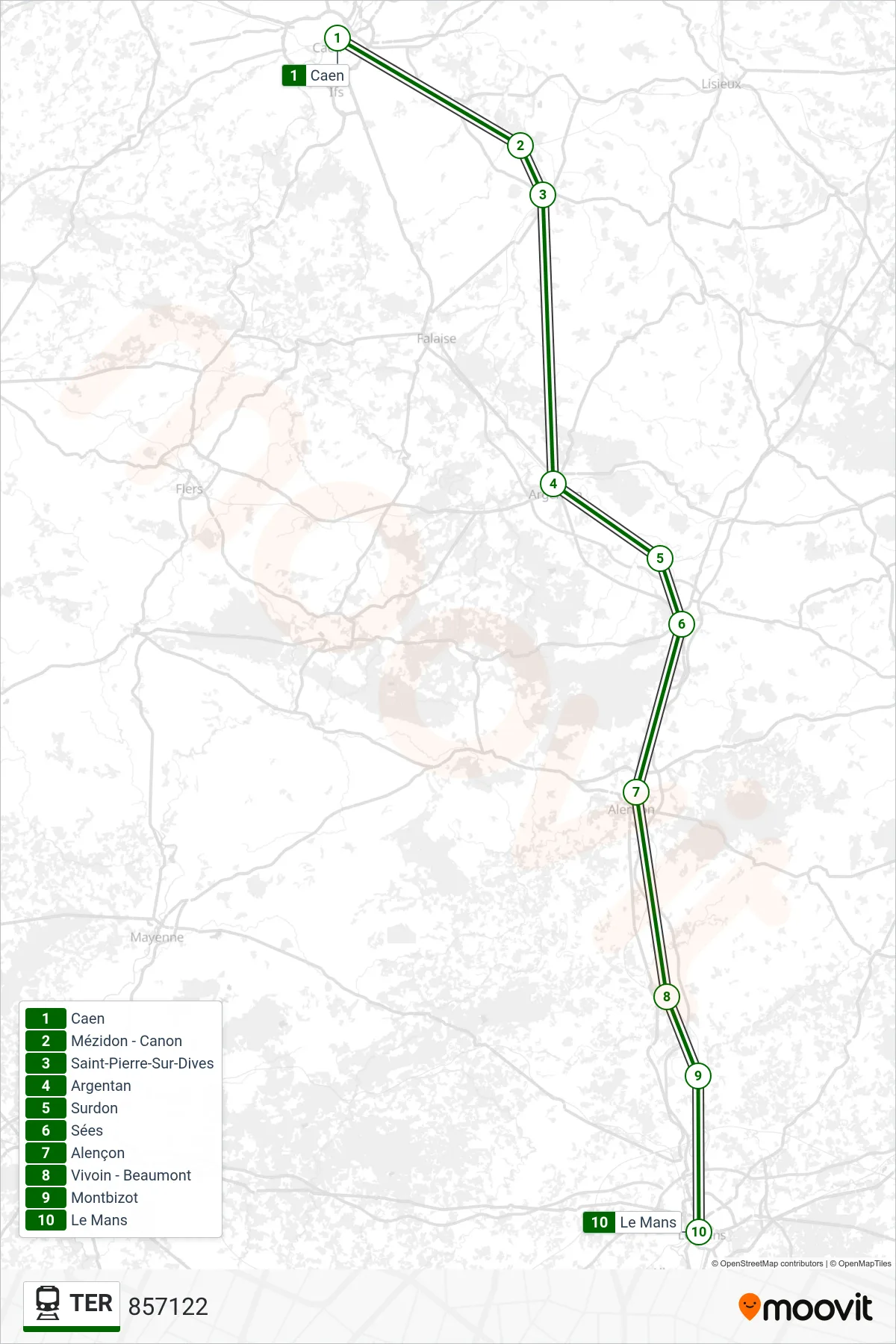 TER train Line (857122) route and stops on a map