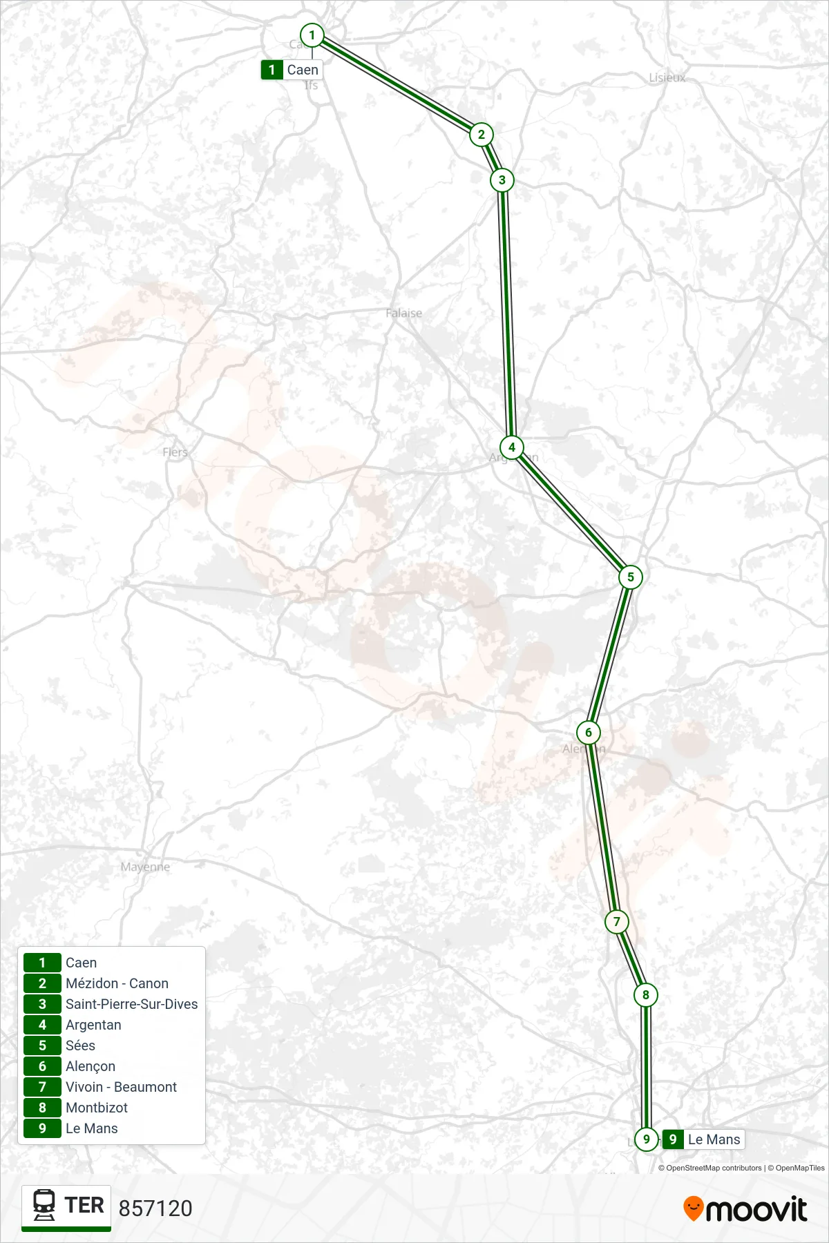 Recorrido y paradas de la línea TER de tren (857120) en el mapa