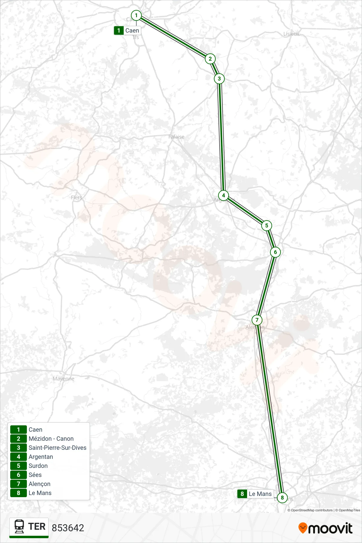 TER train Line (853642) route and stops on a map