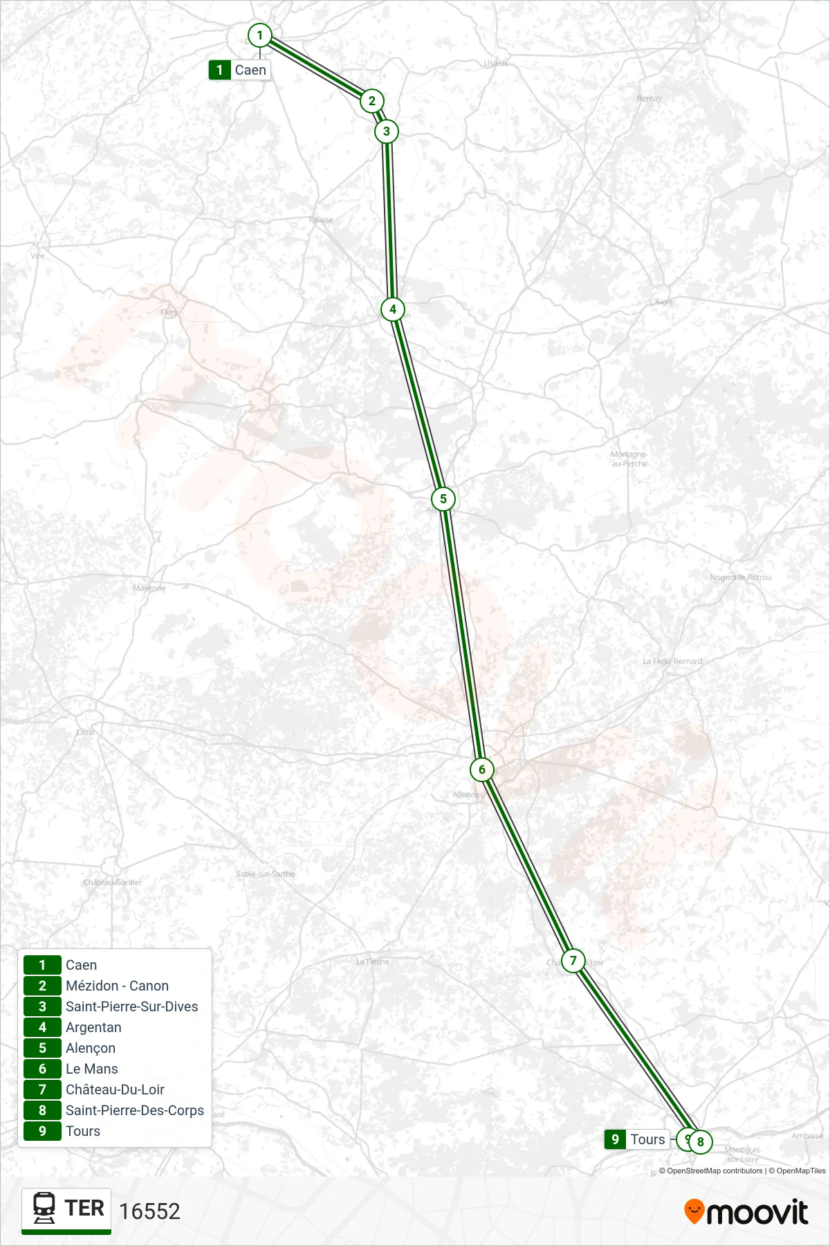 TER train Line (16552) route and stops on a map