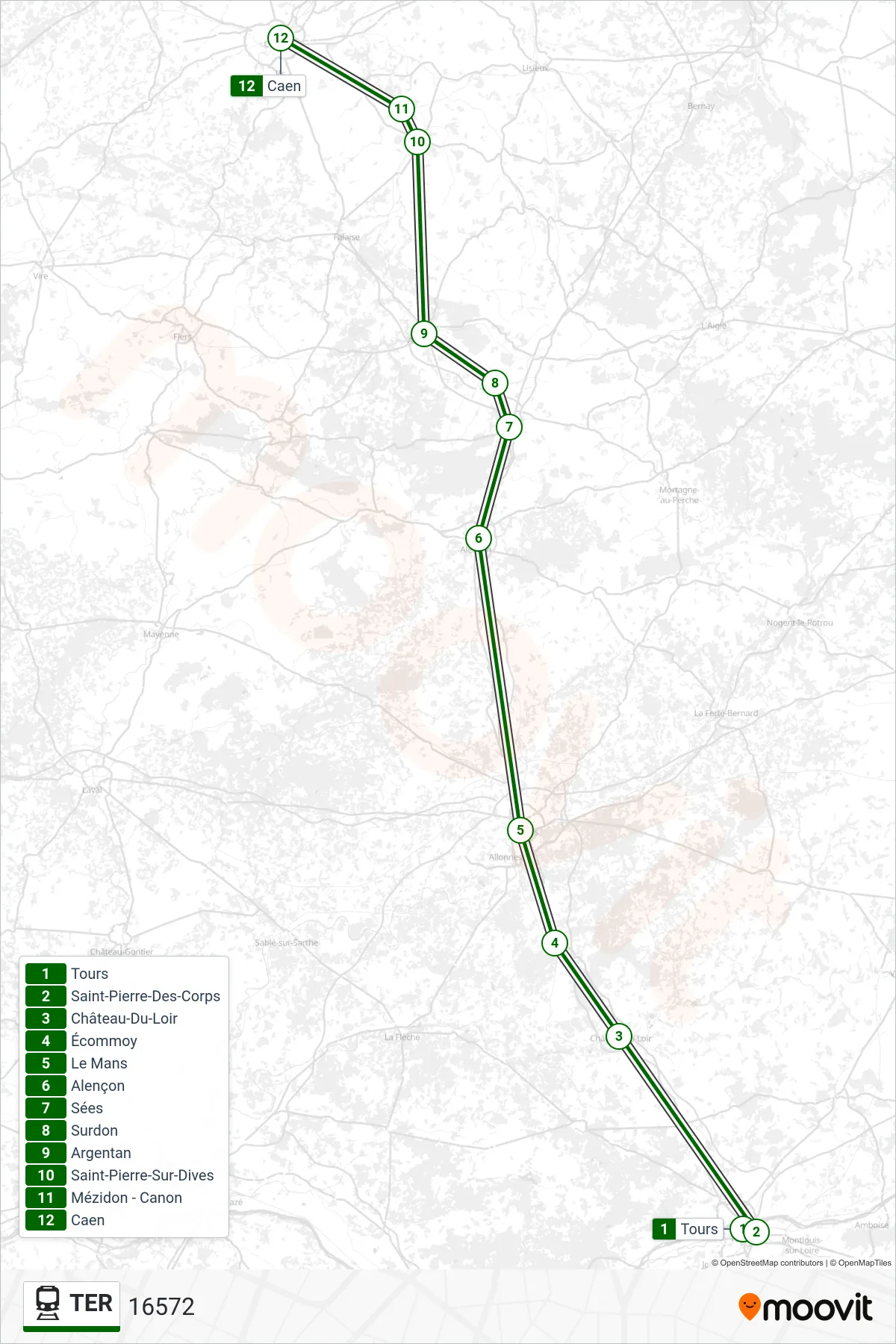 TER rail Line (16572) route and stops on a map