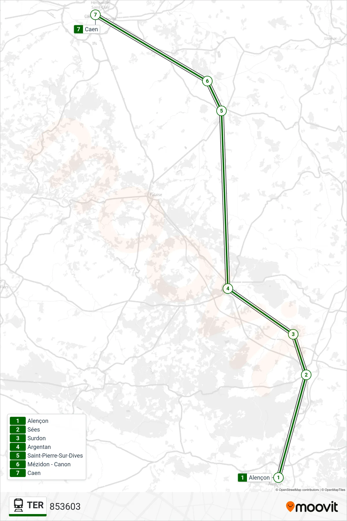 TER train Line (853603) route and stops on a map