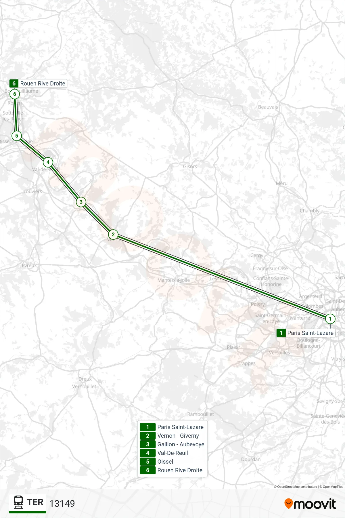 Tracé et arrêts de la ligne TER de train (13149) sur une carte