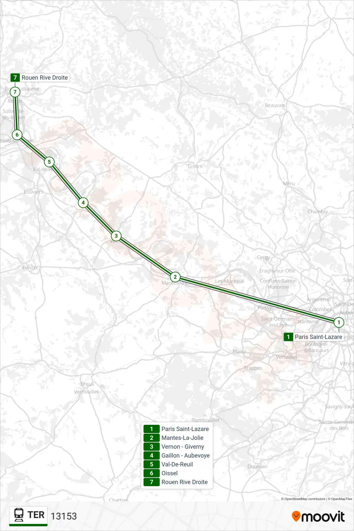 Recorrido y paradas de la línea TER de tren (13153) en el mapa