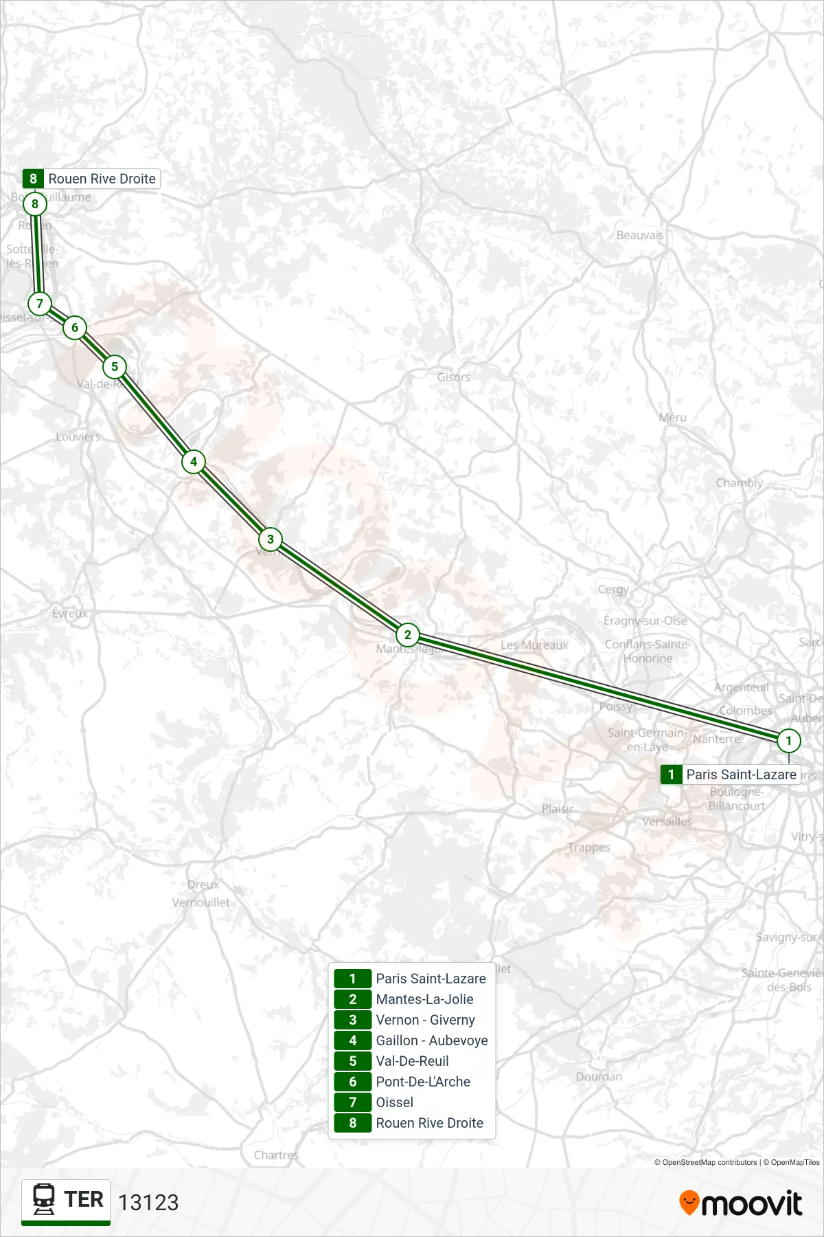 Tracé et arrêts de la ligne TER de train (13123) sur une carte