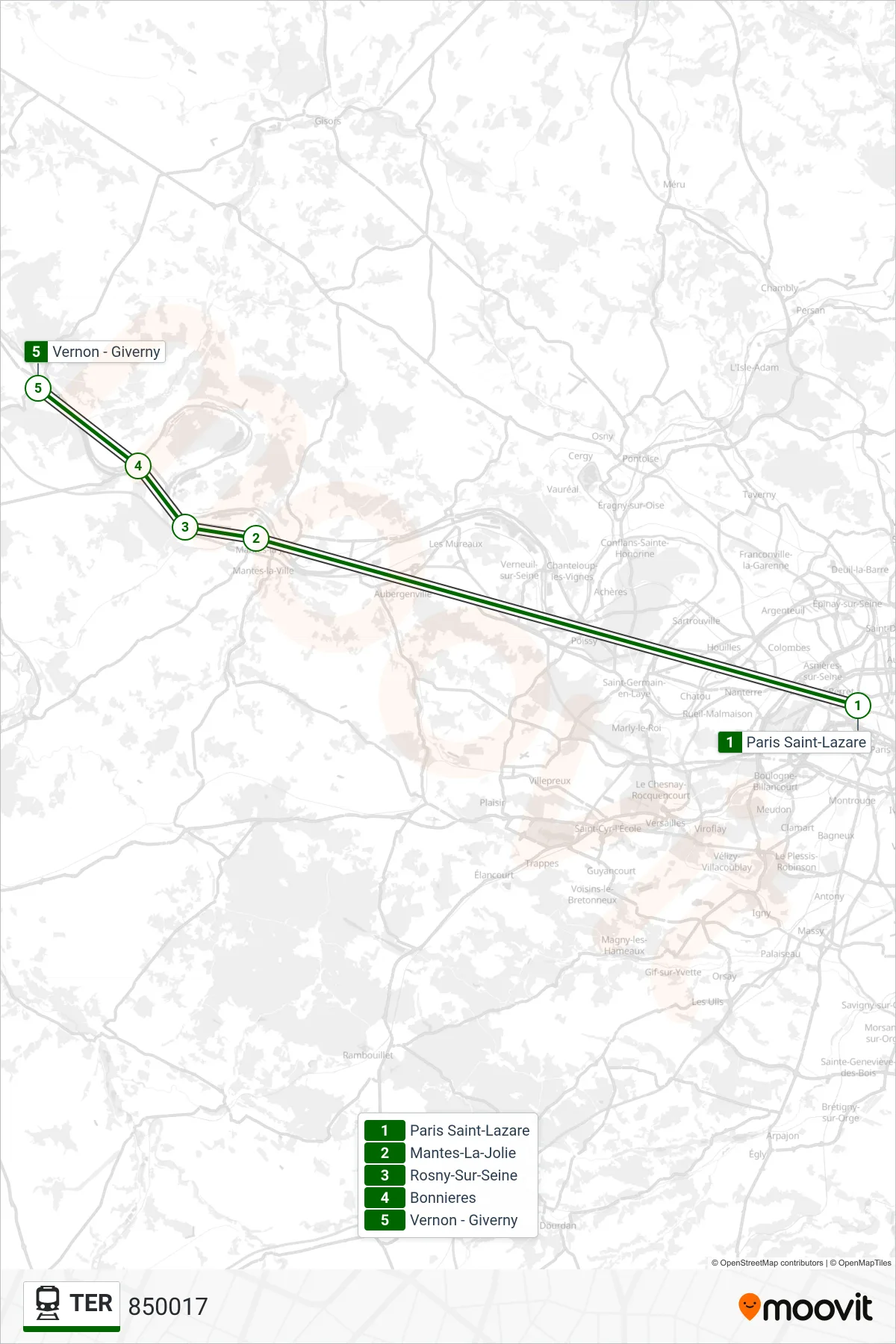 Tracé et arrêts de la ligne TER de train (850017) sur une carte