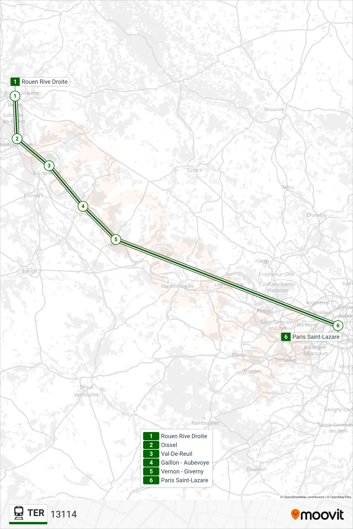 Recorrido y paradas de la línea TER de tren (13114) en el mapa