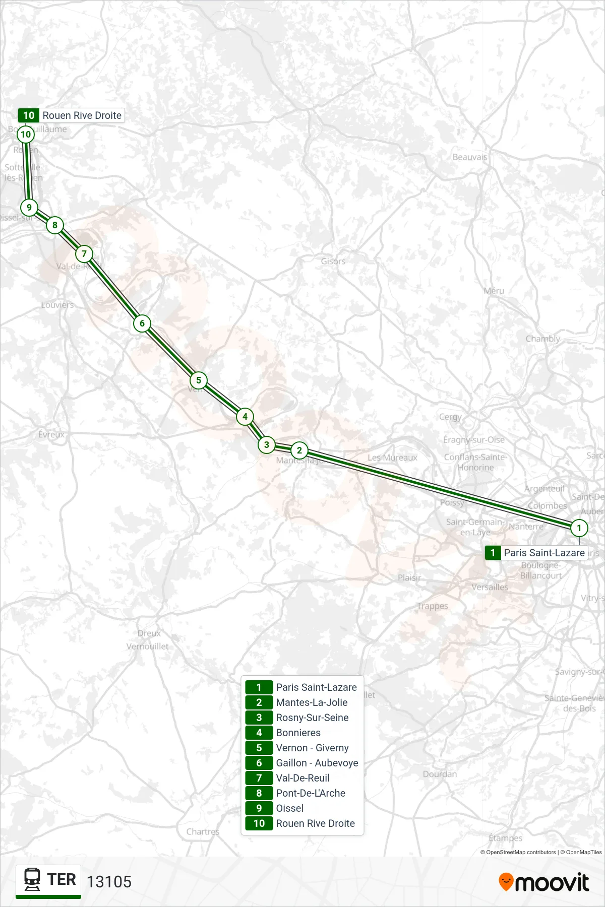Recorrido y paradas de la línea TER de tren (13105) en el mapa
