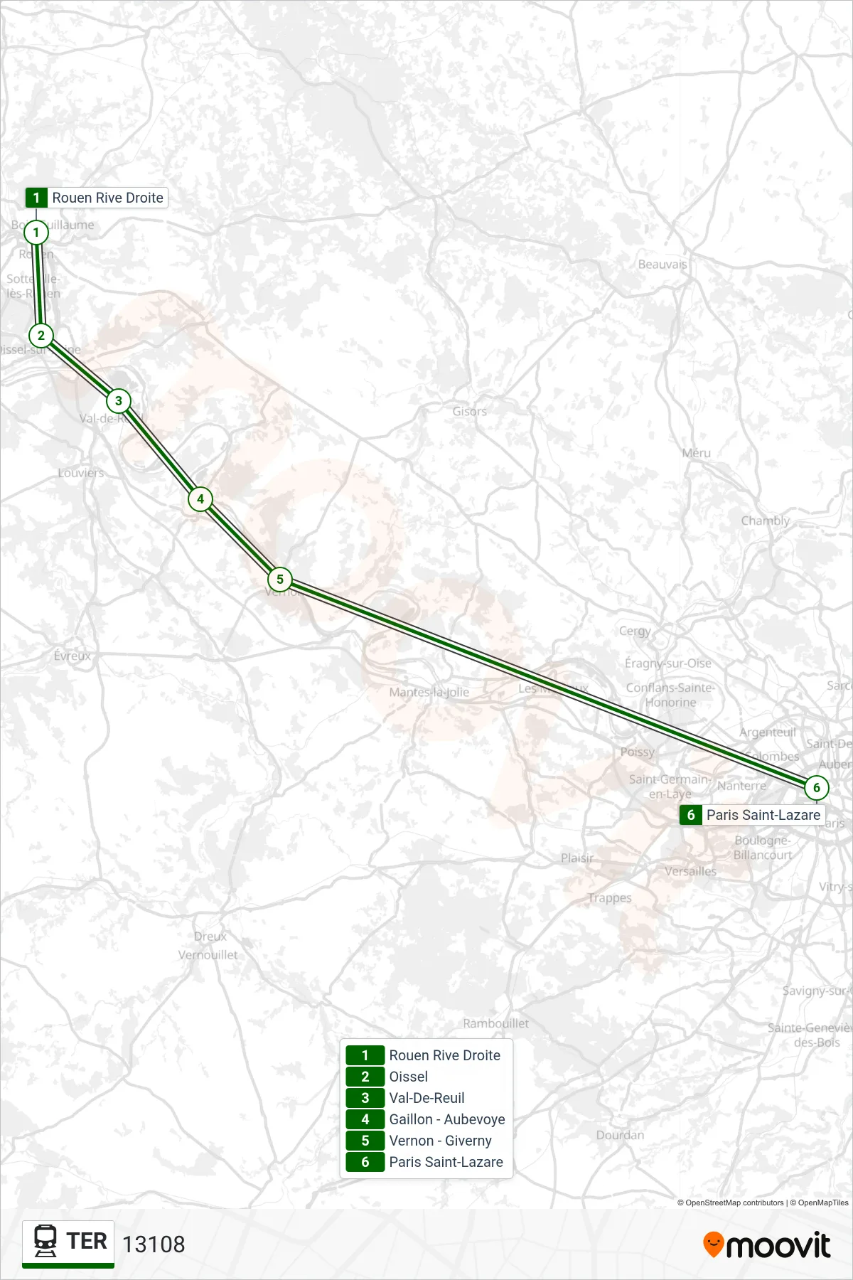 Recorrido y paradas de la línea TER de tren (13108) en el mapa