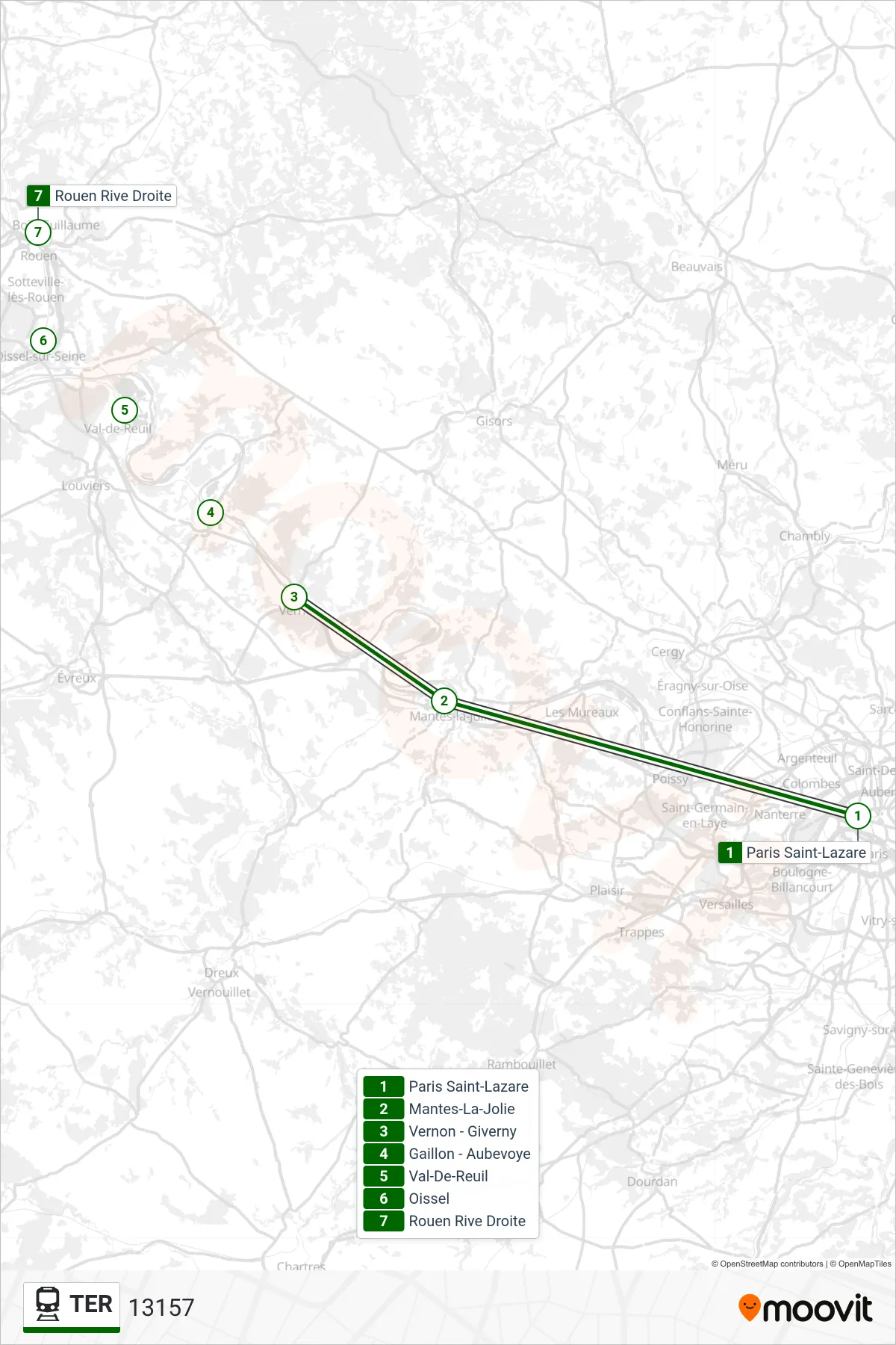 Tracé et arrêts de la ligne TER de train (13157) sur une carte