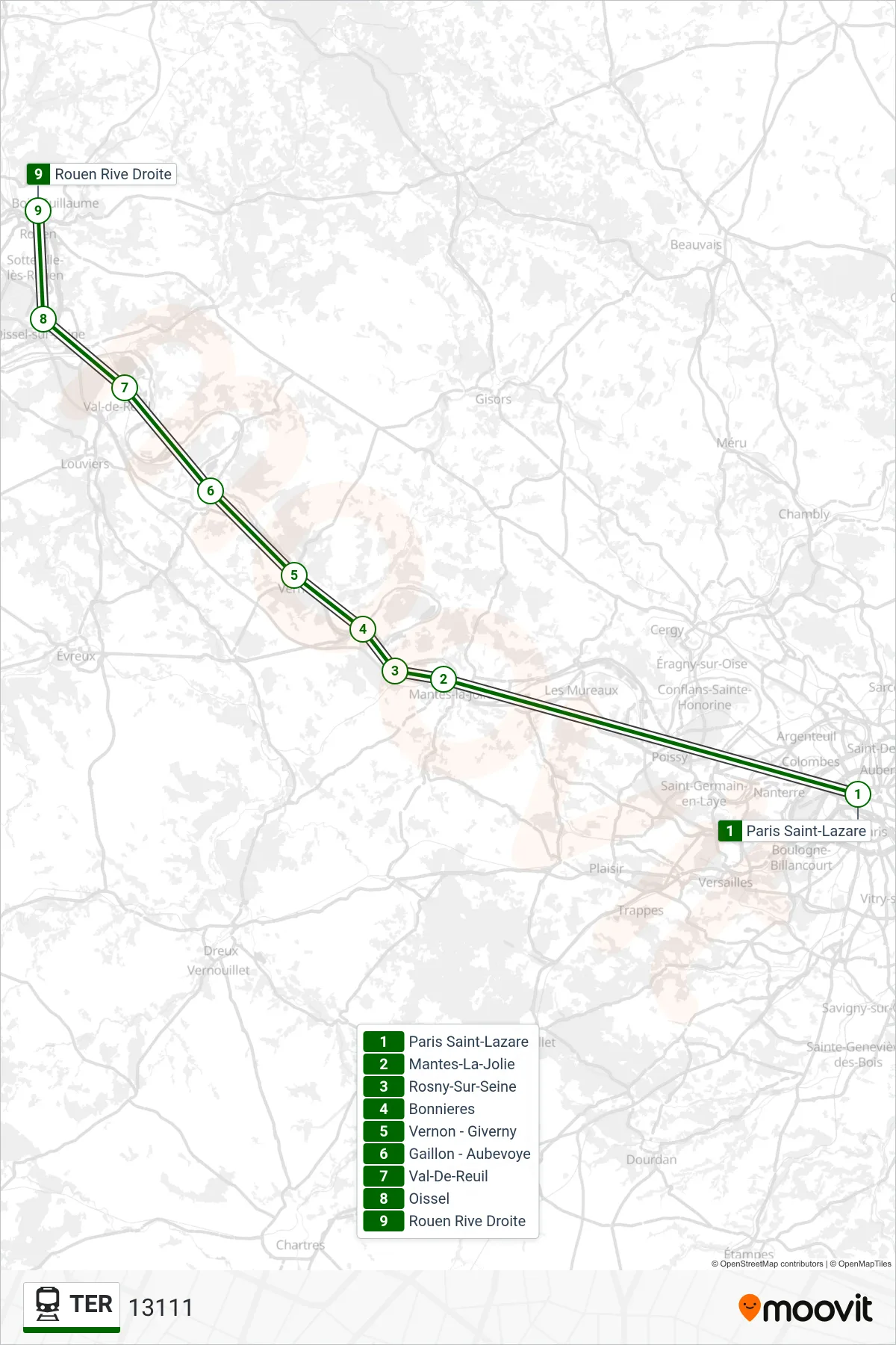Recorrido y paradas de la línea TER de tren (13111) en el mapa