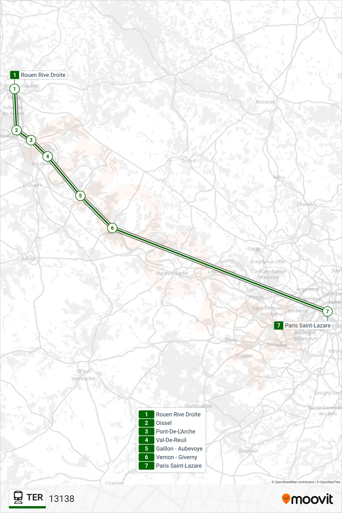 Tracé et arrêts de la ligne TER de train (13138) sur une carte