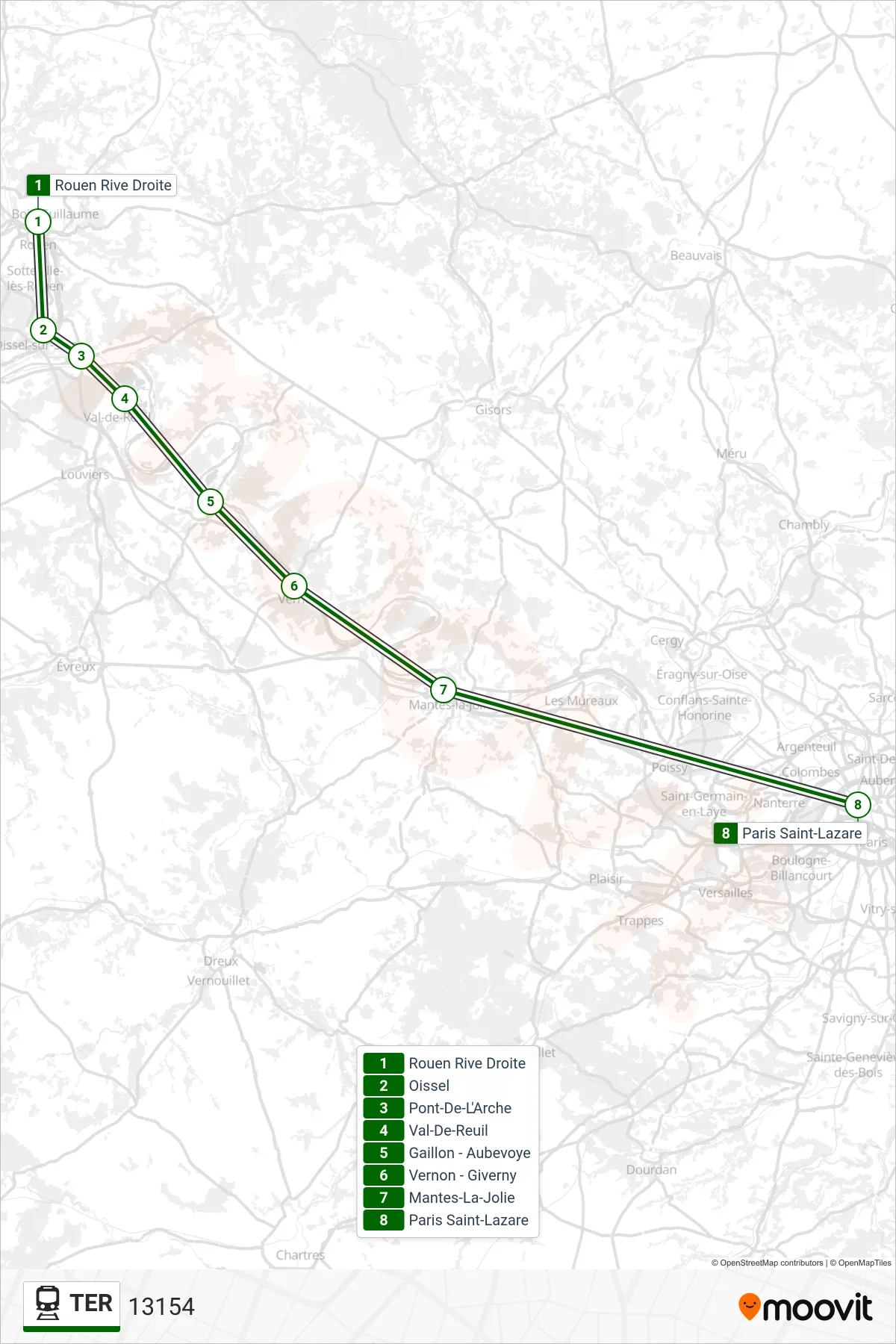 Tracé et arrêts de la ligne TER de train (13154) sur une carte