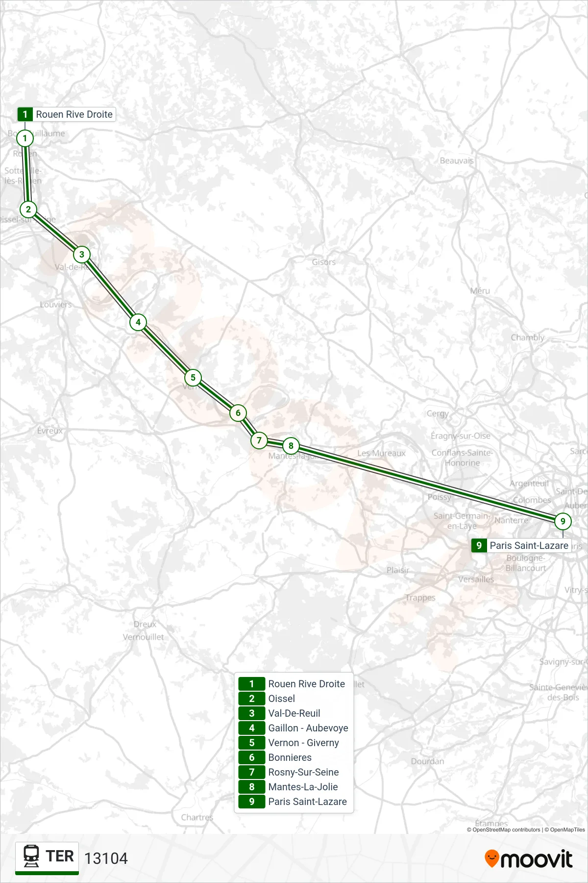 Tracé et arrêts de la ligne TER de train (13104) sur une carte