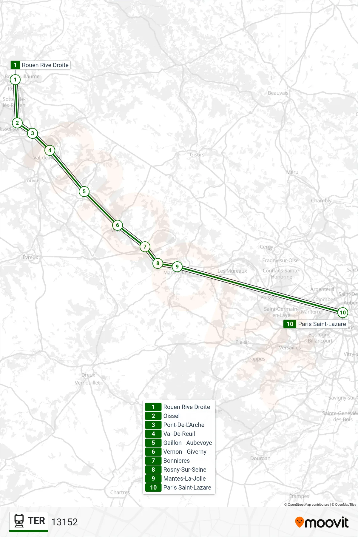 Recorrido y paradas de la línea TER de tren (13152) en el mapa