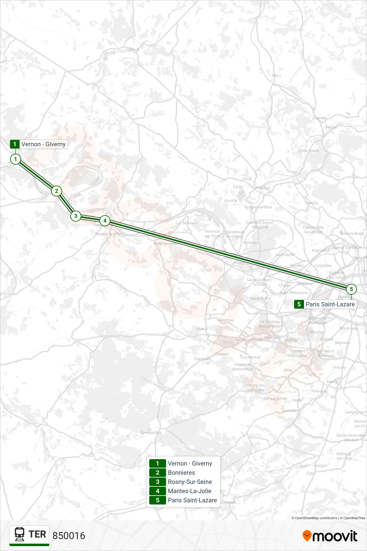 Recorrido y paradas de la línea TER de tren (850016) en el mapa