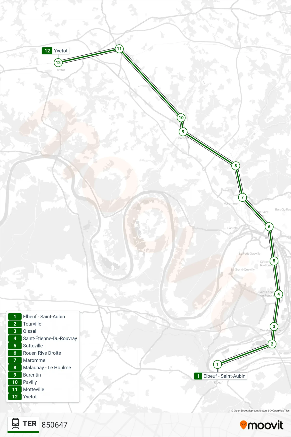 Recorrido y paradas de la línea TER de tren (850647) en el mapa