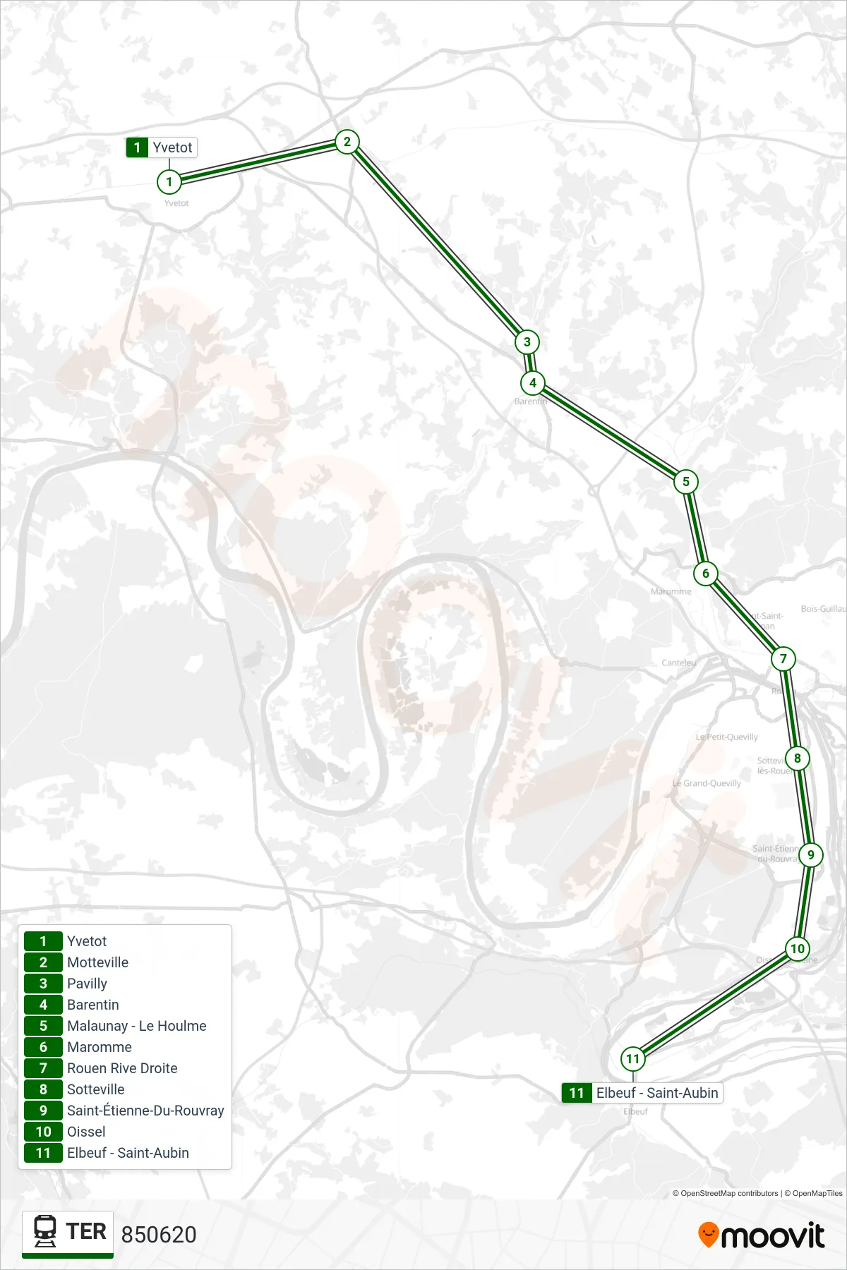 Recorrido y paradas de la línea TER de tren (850620) en el mapa