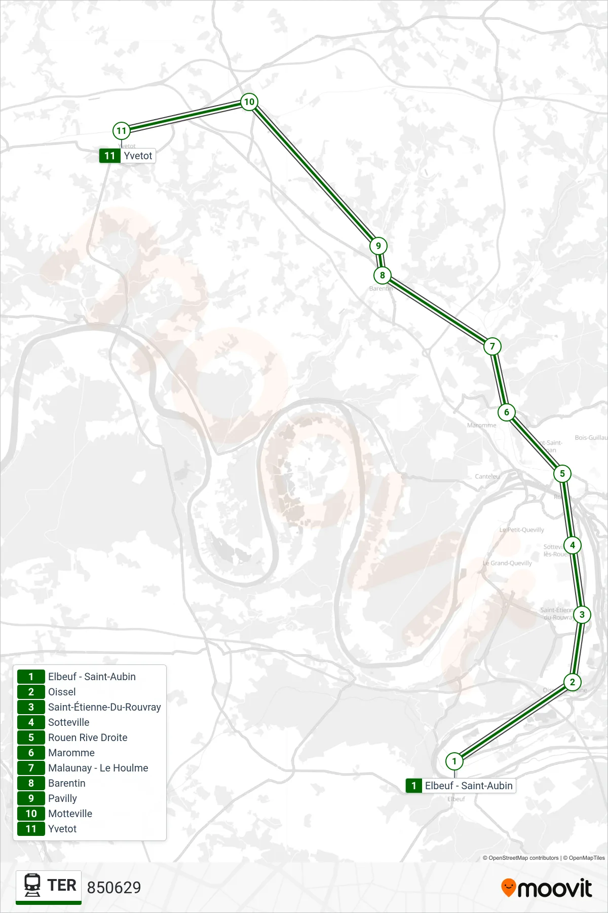 TER rail Line (850629) route and stops on a map