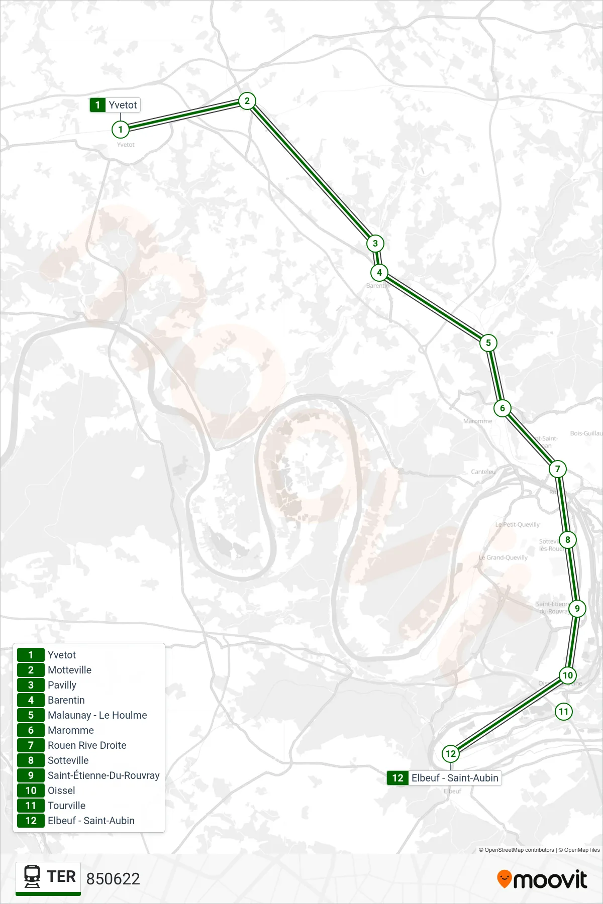 Recorrido y paradas de la línea TER de tren (850622) en el mapa
