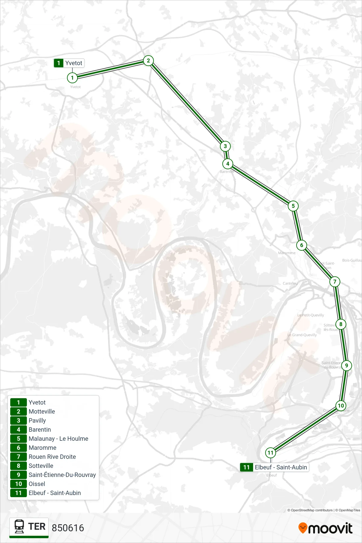 Recorrido y paradas de la línea TER de tren (850616) en el mapa