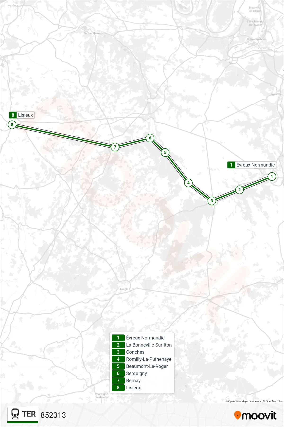 TER train Line (852313) route and stops on a map
