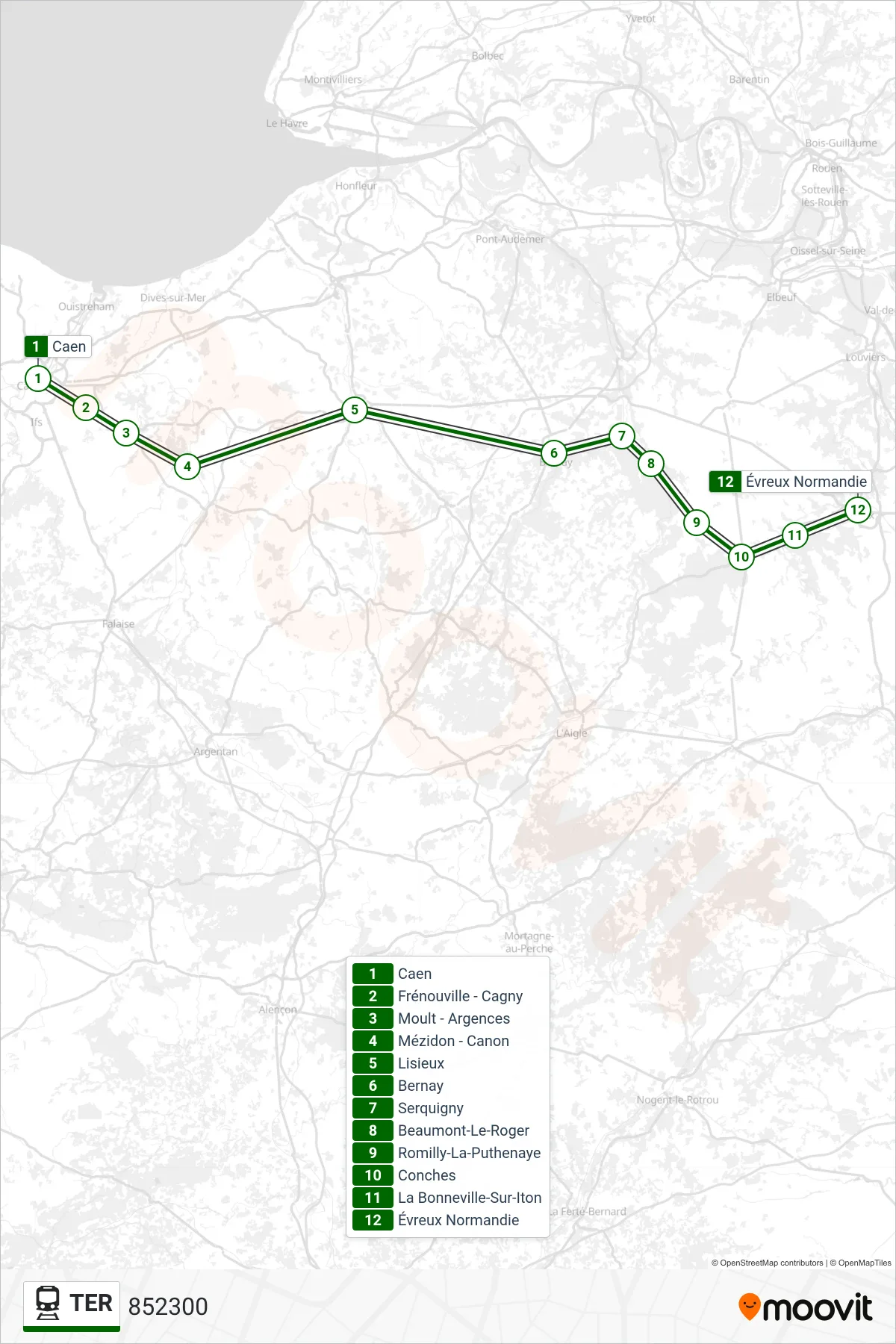TER rail Line (852300) route and stops on a map
