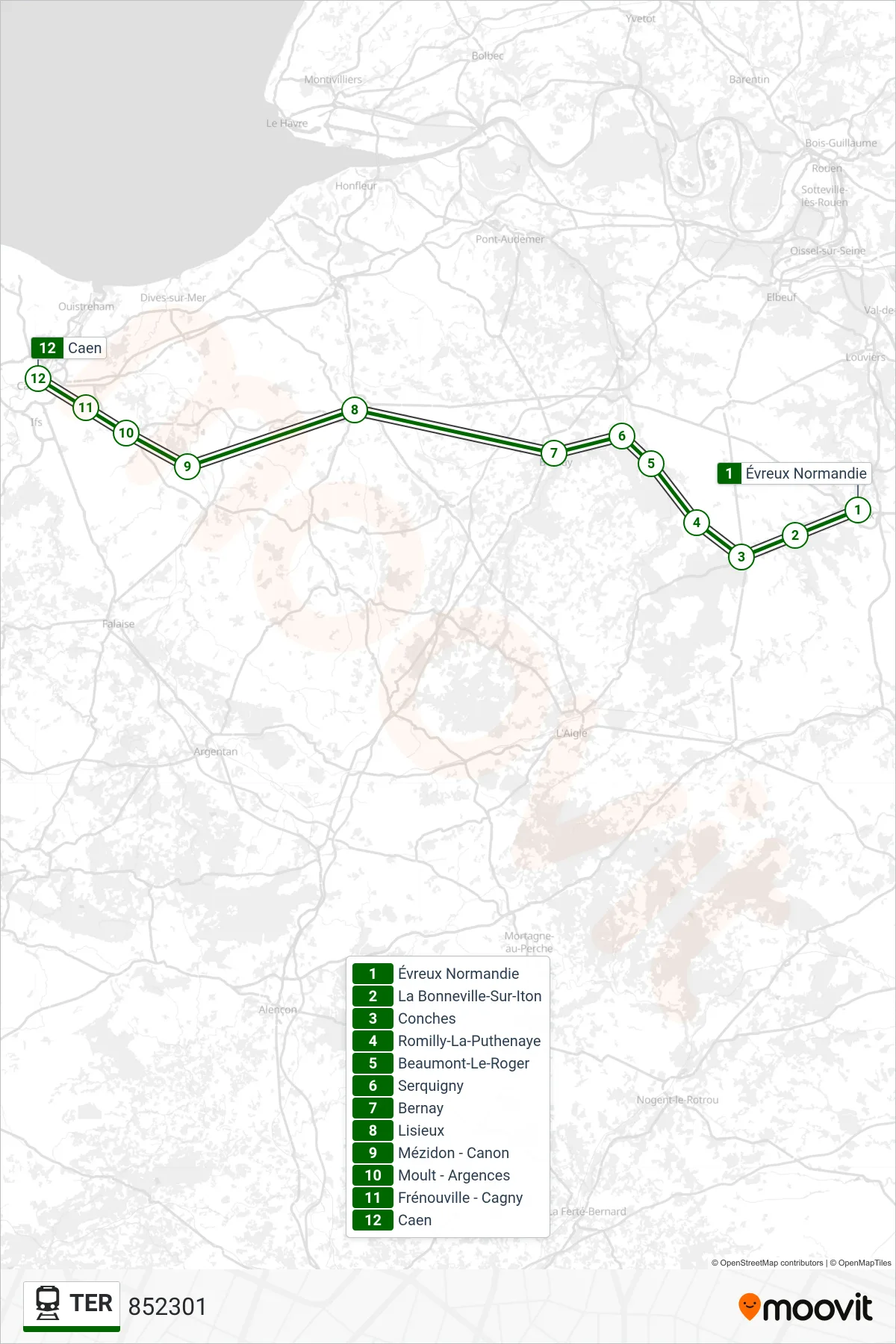 TER train Line (852301) route and stops on a map