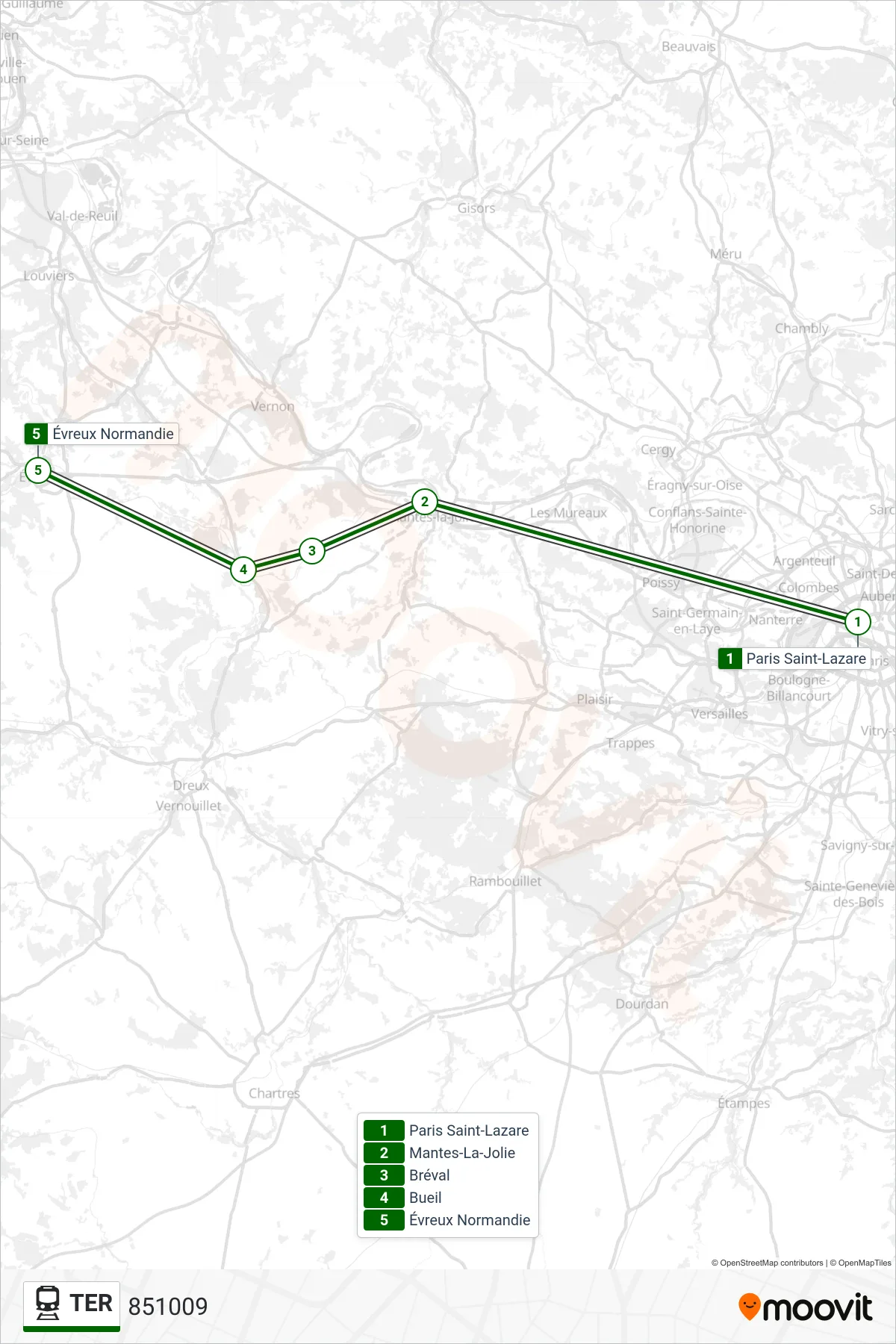 Tracé et arrêts de la ligne TER de train (851009) sur une carte