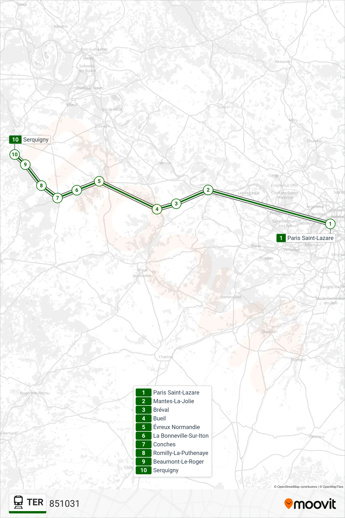 TER rail Line (851031) route and stops on a map