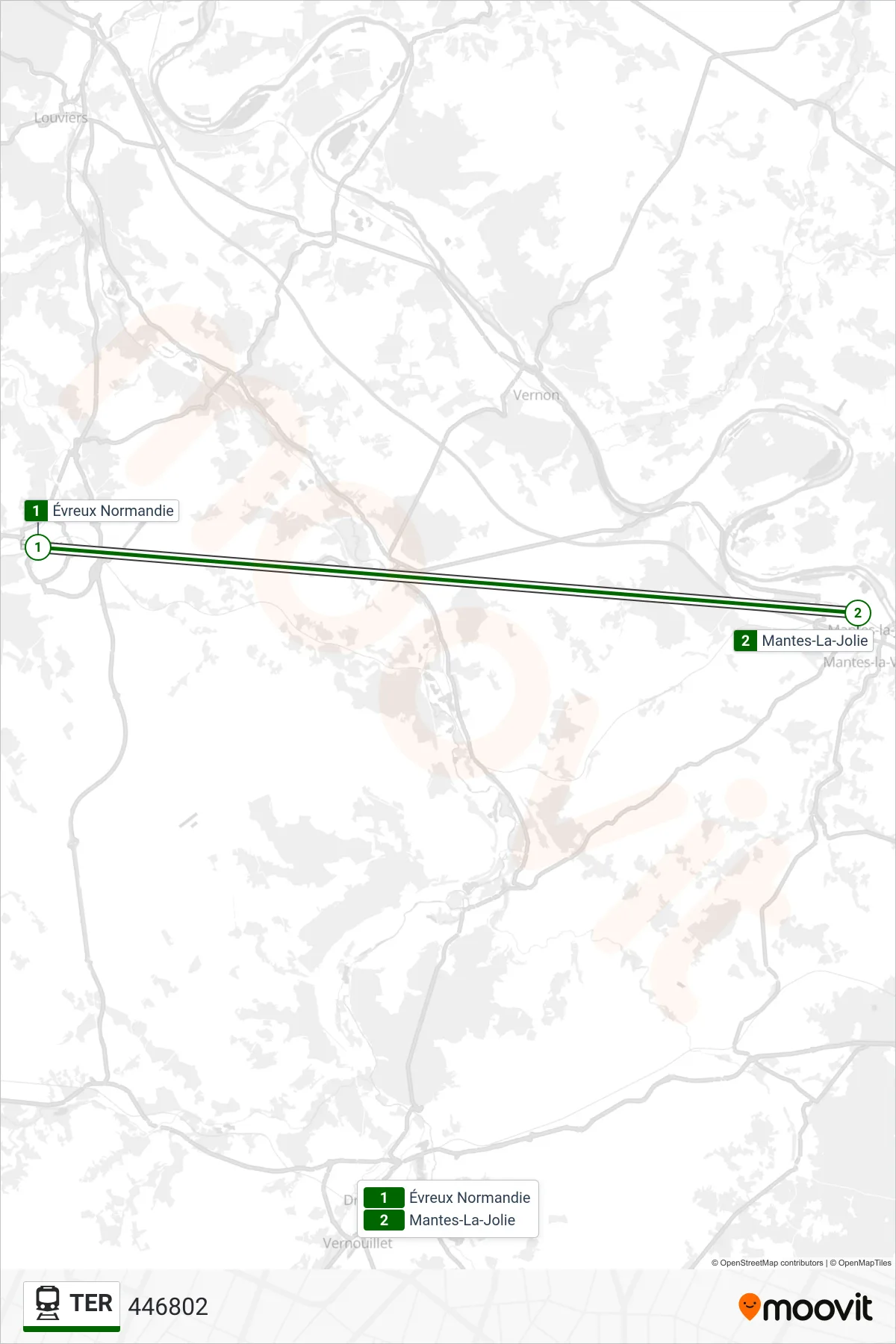 Tracé et arrêts de la ligne TER de train (446802) sur une carte