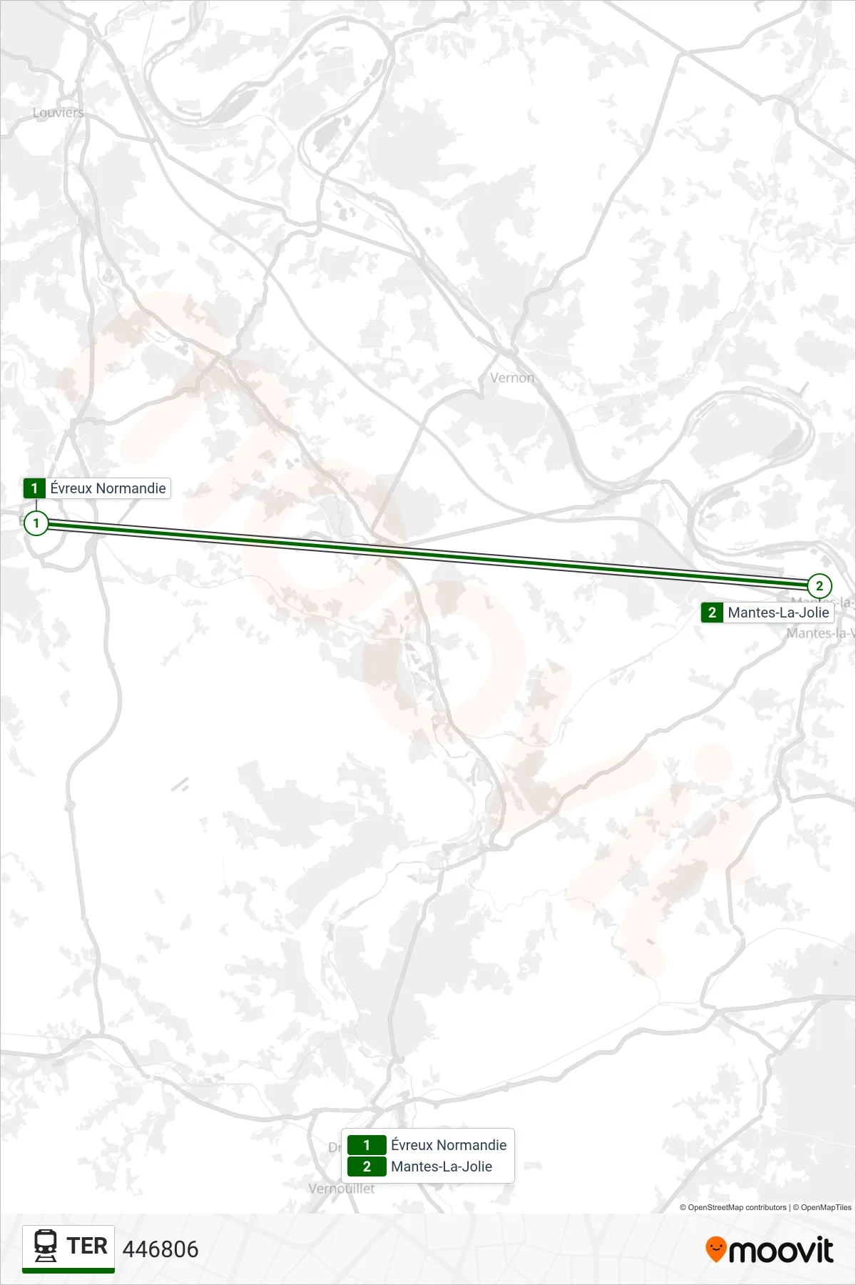Tracé et arrêts de la ligne TER de train (446806) sur une carte
