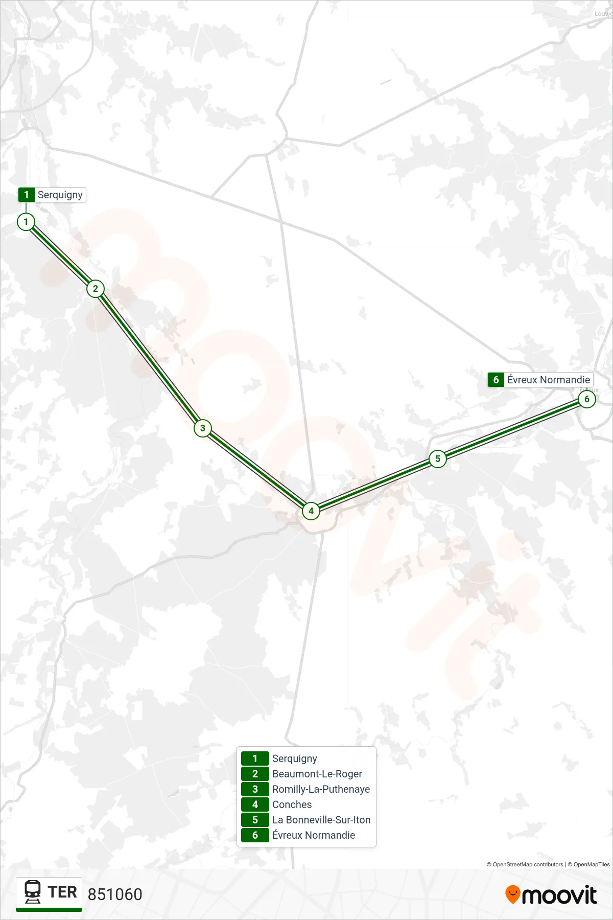 Tracé et arrêts de la ligne TER de train (851060) sur une carte