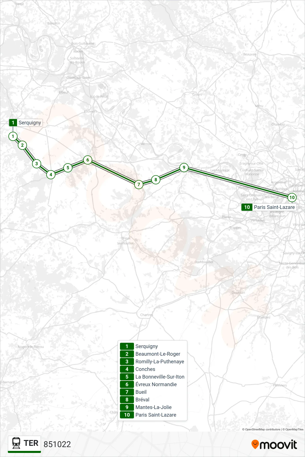 TER rail Line (851022) route and stops on a map